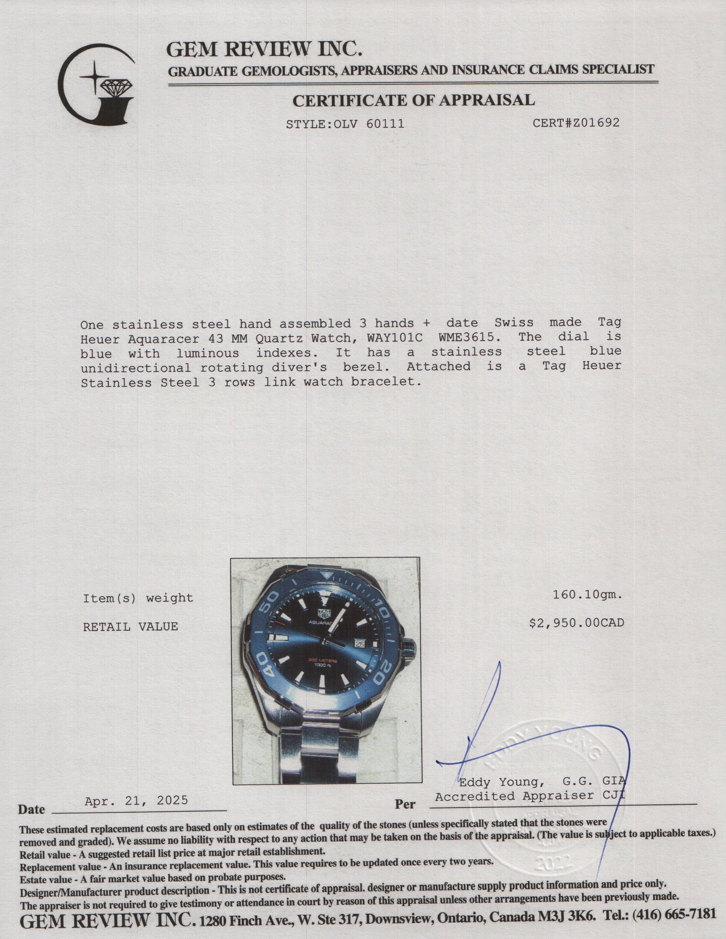 Tag Heuer Stainless Steel Aquaracer 43 MM Quartz Watch WAY101C Blue Dial w/ Box & Papers