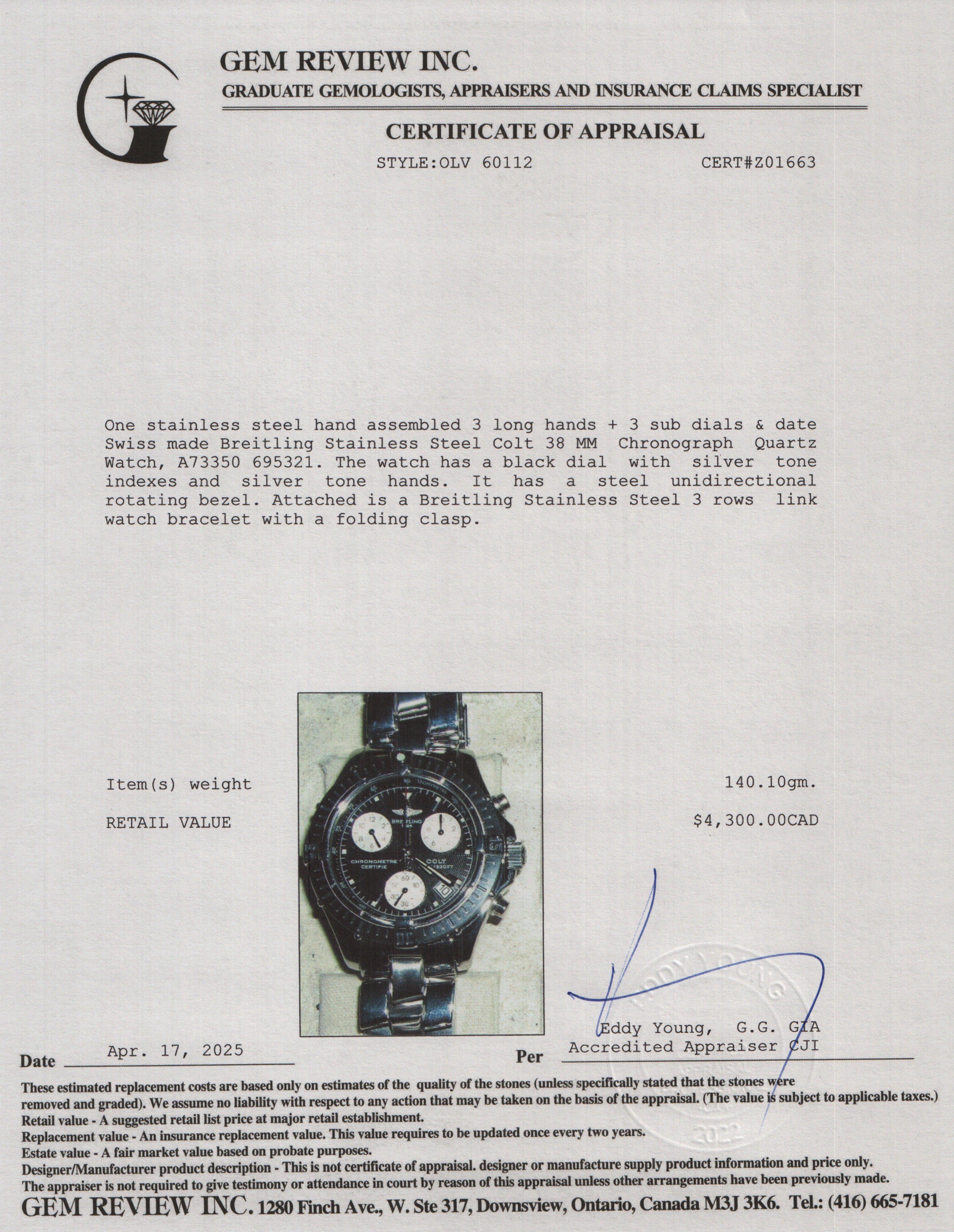 Breitling Stainless Steel Colt 38 MM Chronograph Quartz Watch Black Dial A73350