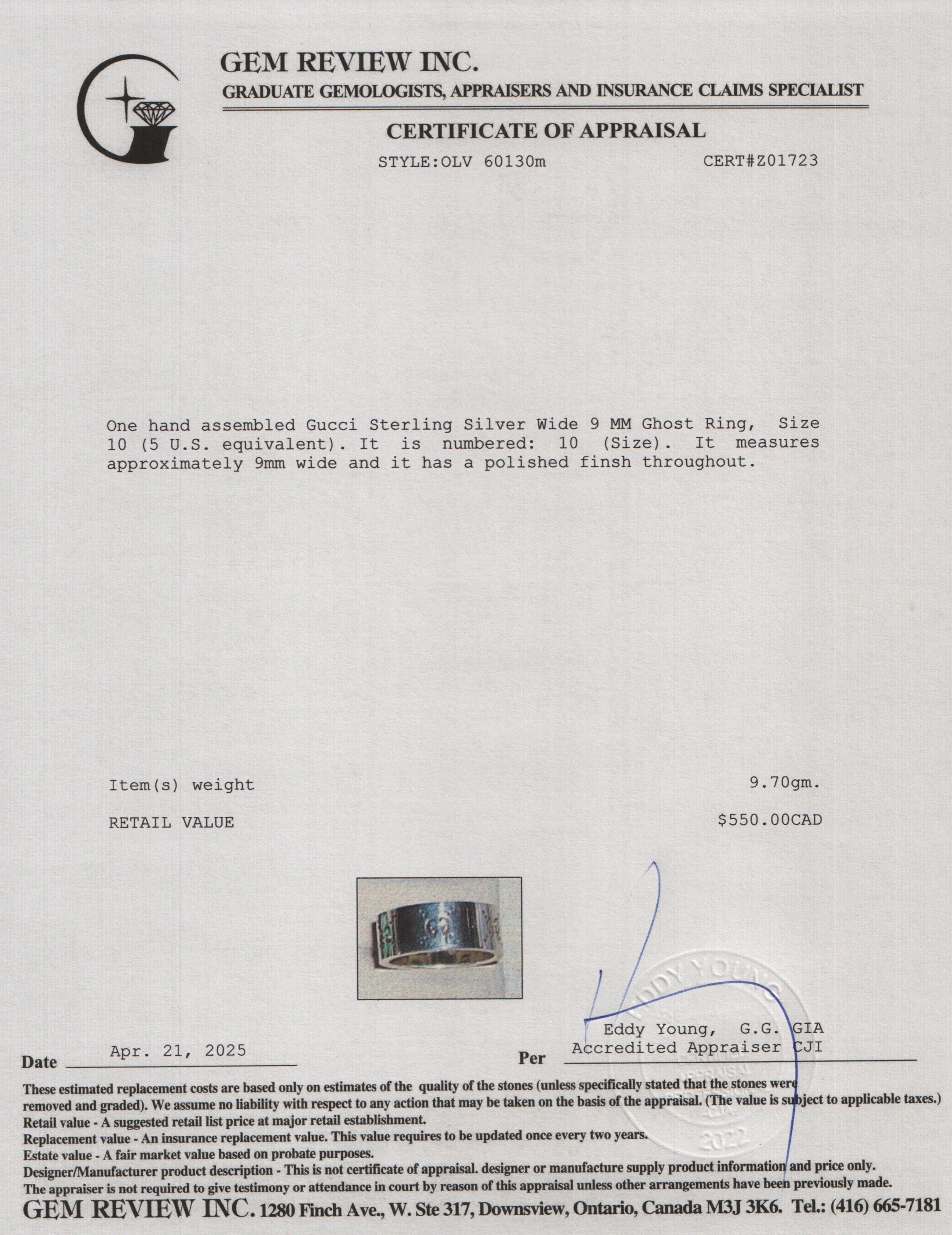 Gucci Sterling Silver Wide 9 MM Ghost Ring, Size 10 5