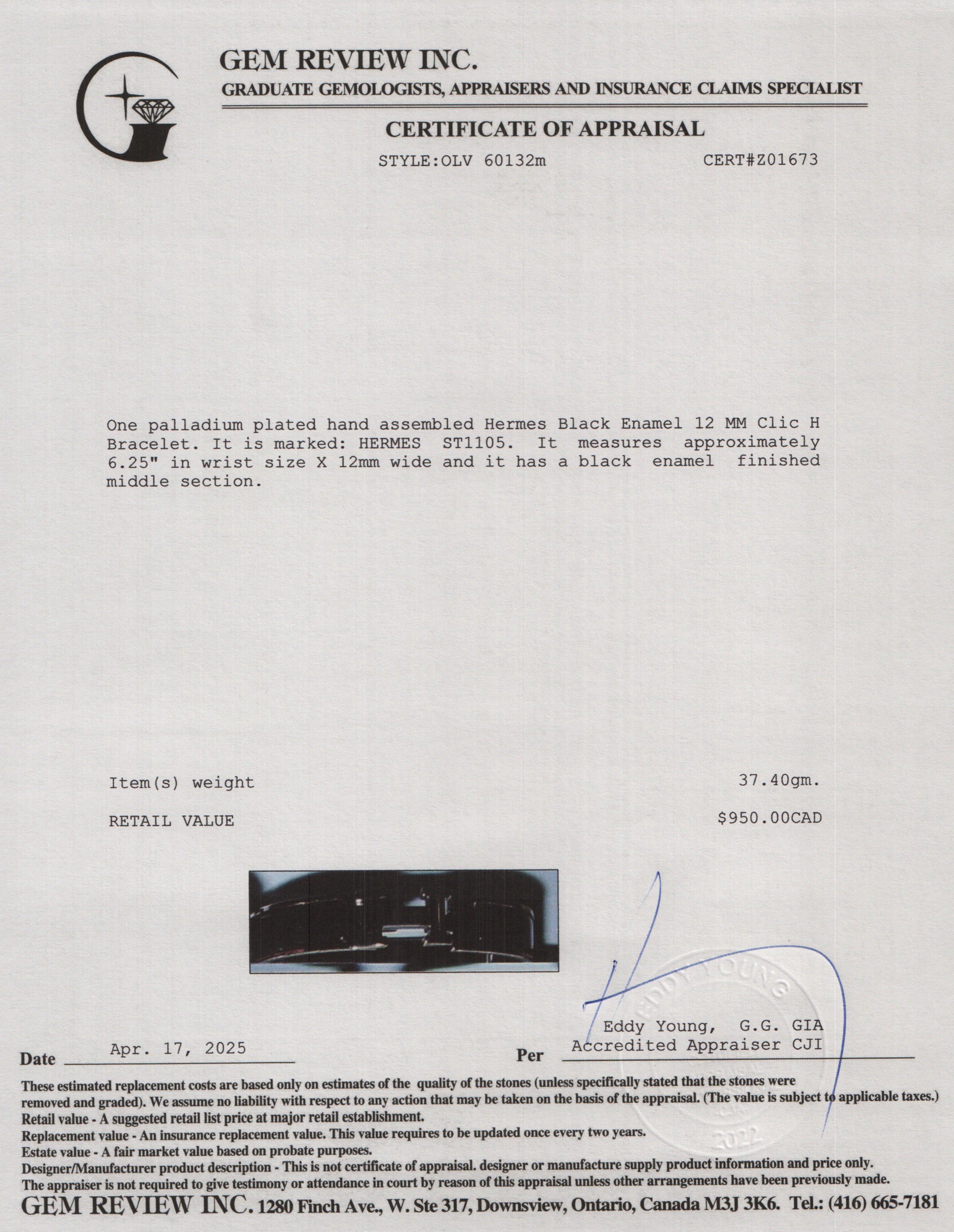 Hermes Palladium Plated Black Enamel 12 MM Clic H Bracelet