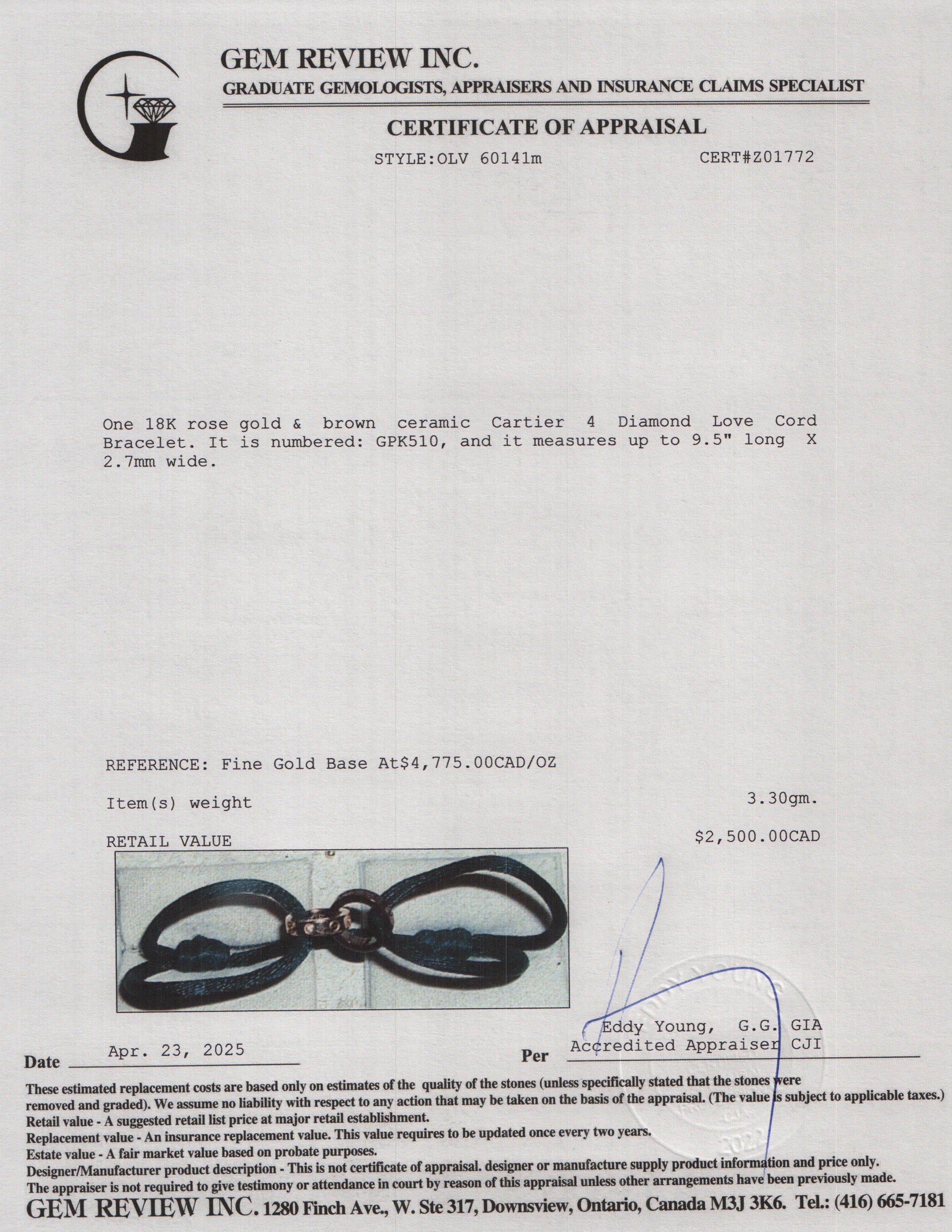 Cartier 18k Rose Gold & Ceramic 4 Diamond Love Cord Bracelet w/ Box & Certificate