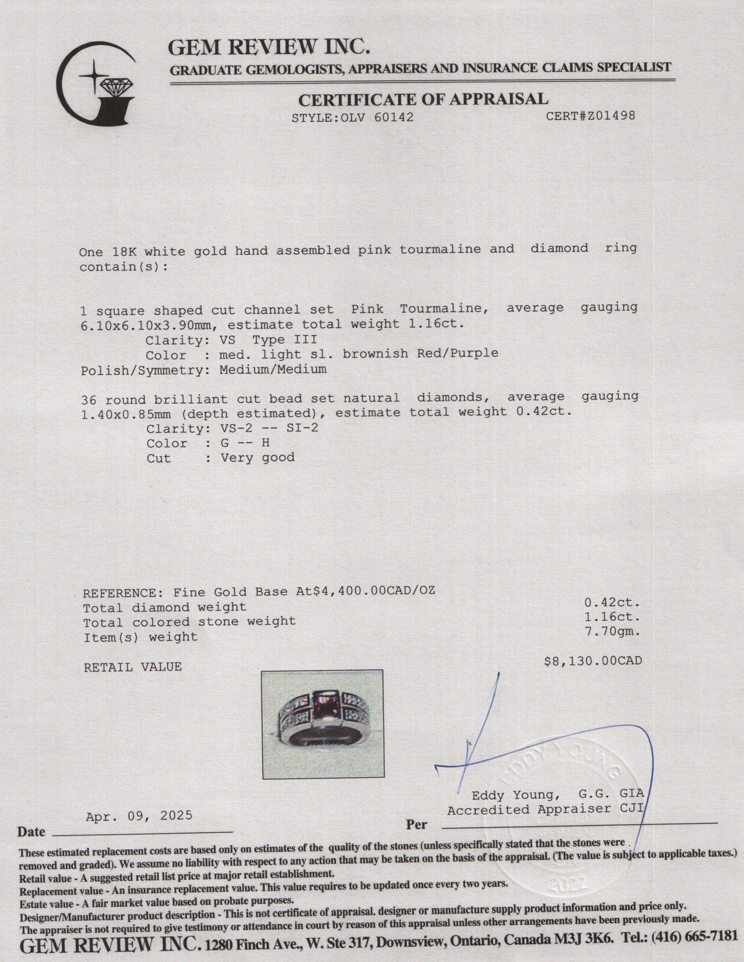 18k White Gold Pink Tourmaline & Diamond Ring, Size 6.75