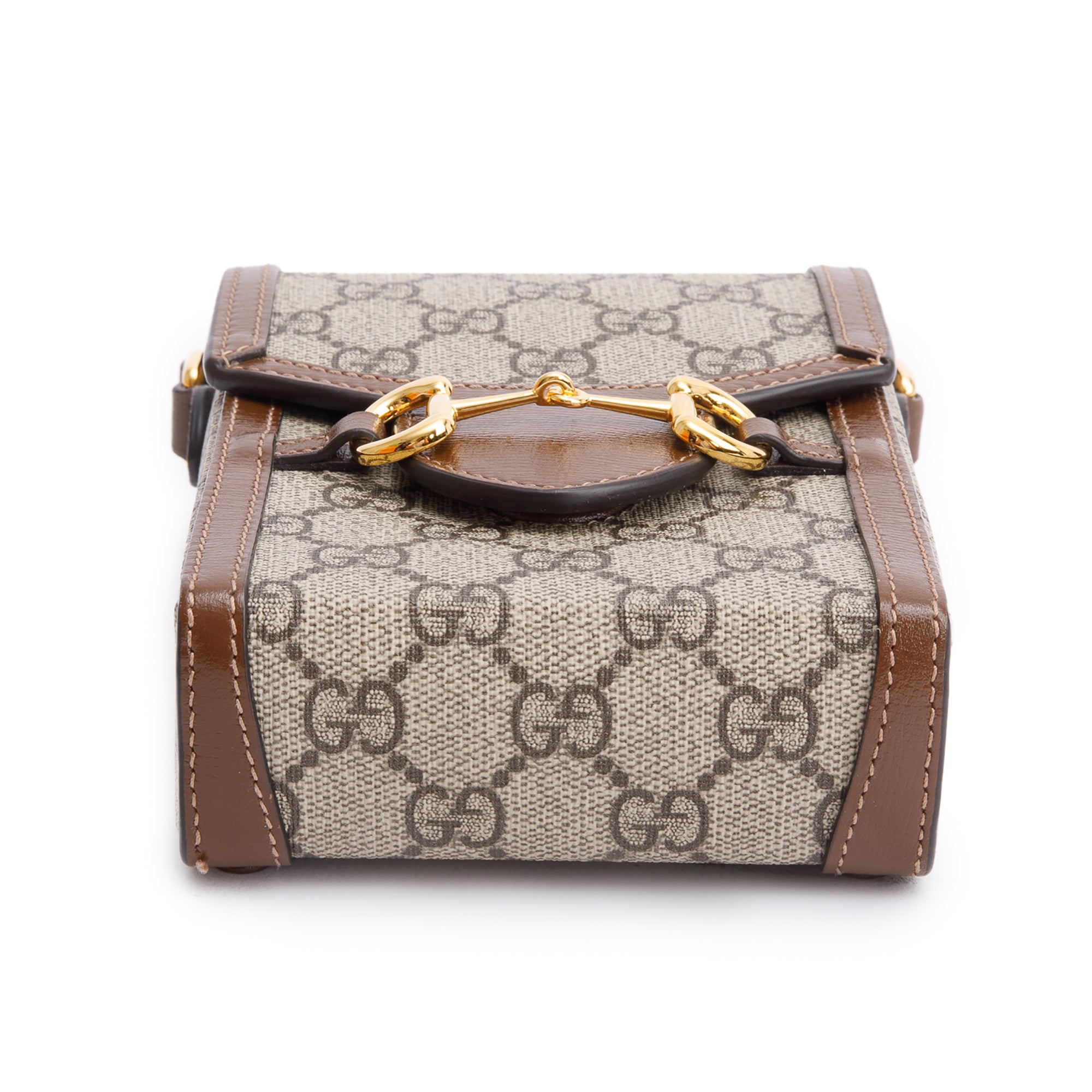 Gucci GG Supreme Brown Leather Trim Mini Horsebit 1955 Crossbody Bag w/ Box