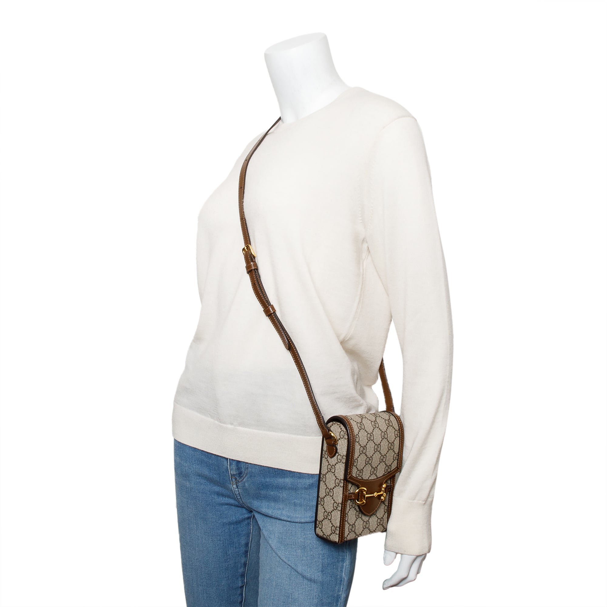 Gucci GG Supreme Brown Leather Trim Mini Horsebit 1955 Crossbody Bag w/ Box