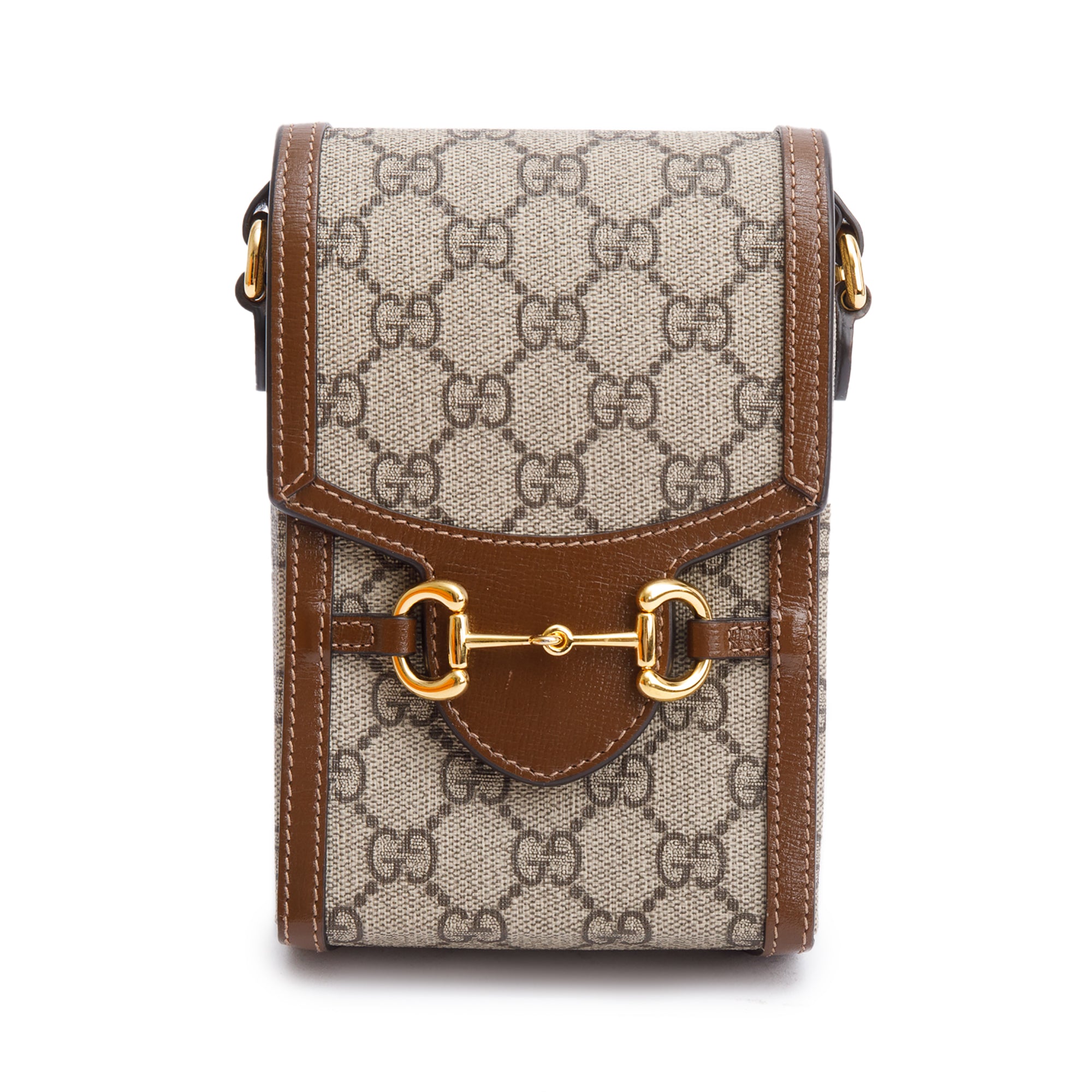 Gucci GG Supreme Brown Leather Trim Mini Horsebit 1955 Crossbody Bag w/ Box