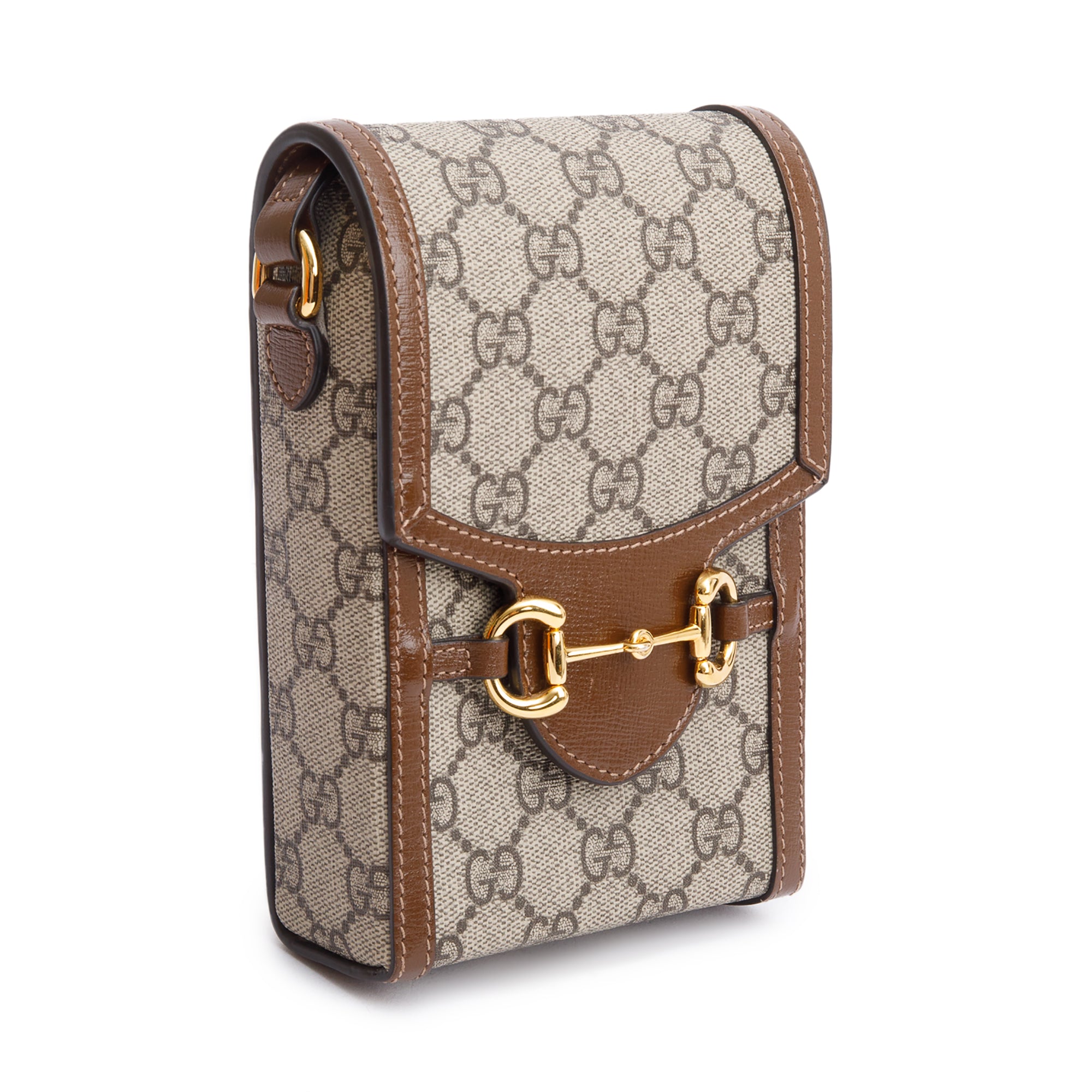 Gucci GG Supreme Brown Leather Trim Mini Horsebit 1955 Crossbody Bag w/ Box