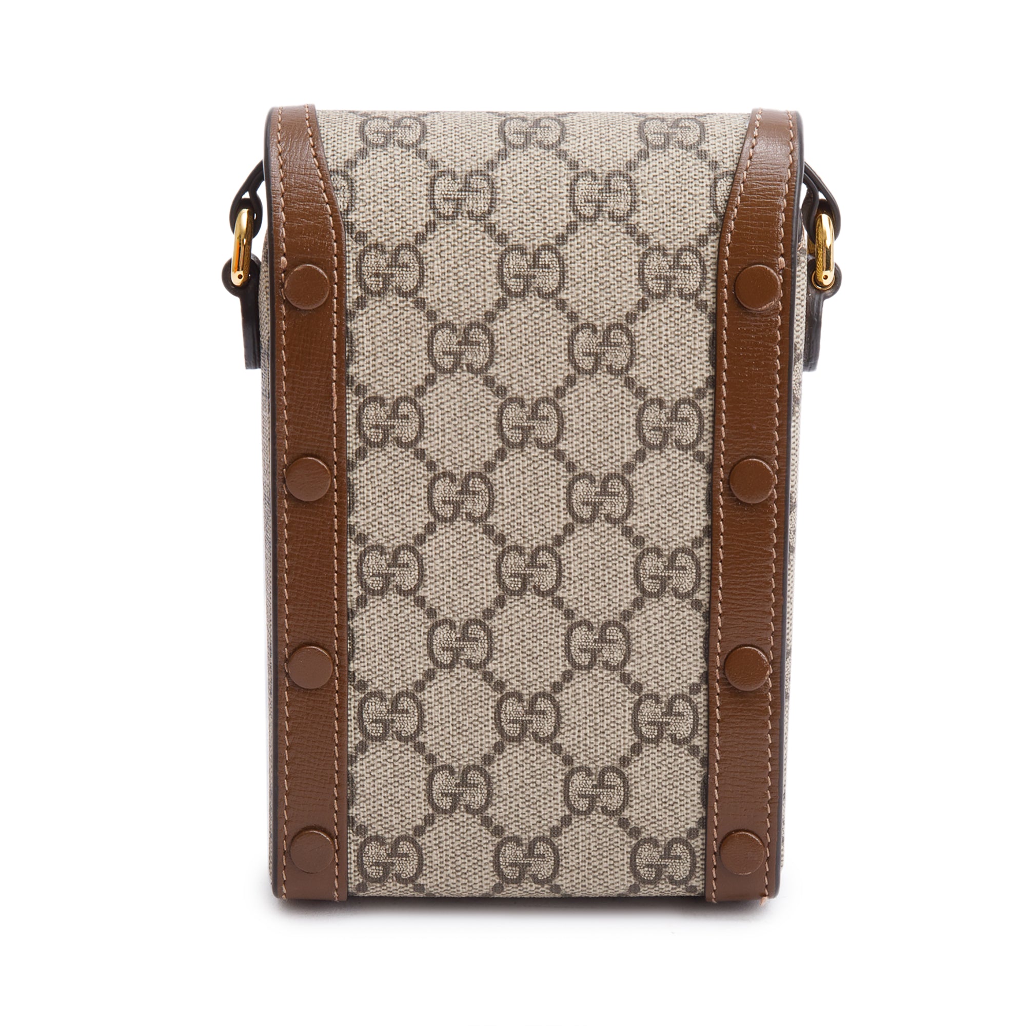 Gucci GG Supreme Brown Leather Trim Mini Horsebit 1955 Crossbody Bag w/ Box