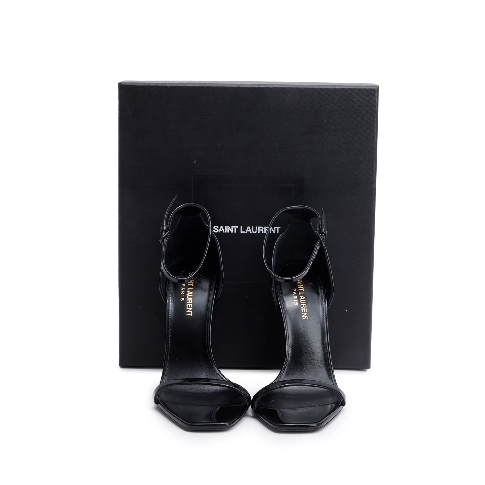 Saint Laurent Black Patent Leather Opyum Sandals, Size 38 w/ Box