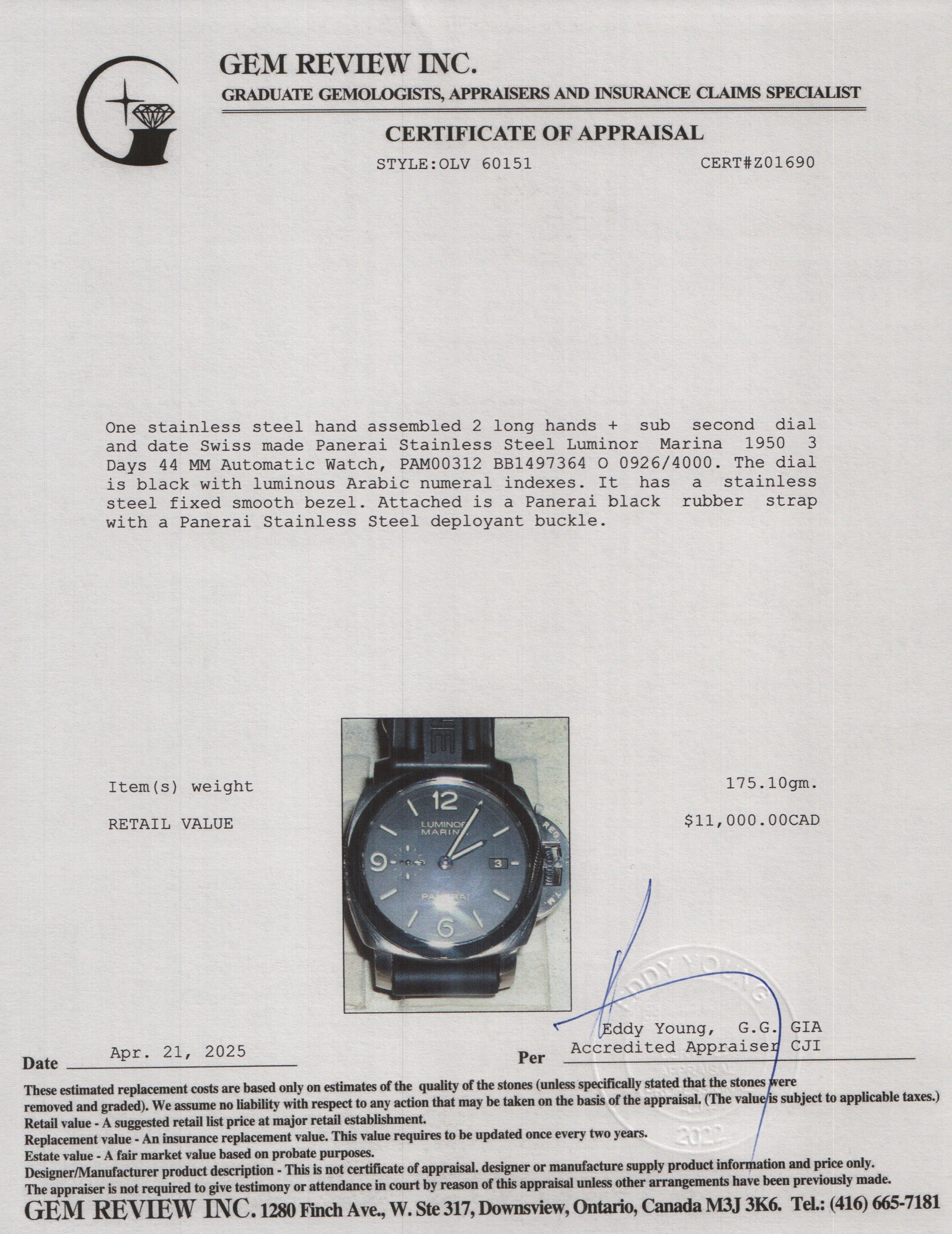 Panerai Stainless Steel Luminor Marina 1950 3 Days 44 MM Automatic Watch PAM00312 w/ Box, Papers & 3 Extra Straps