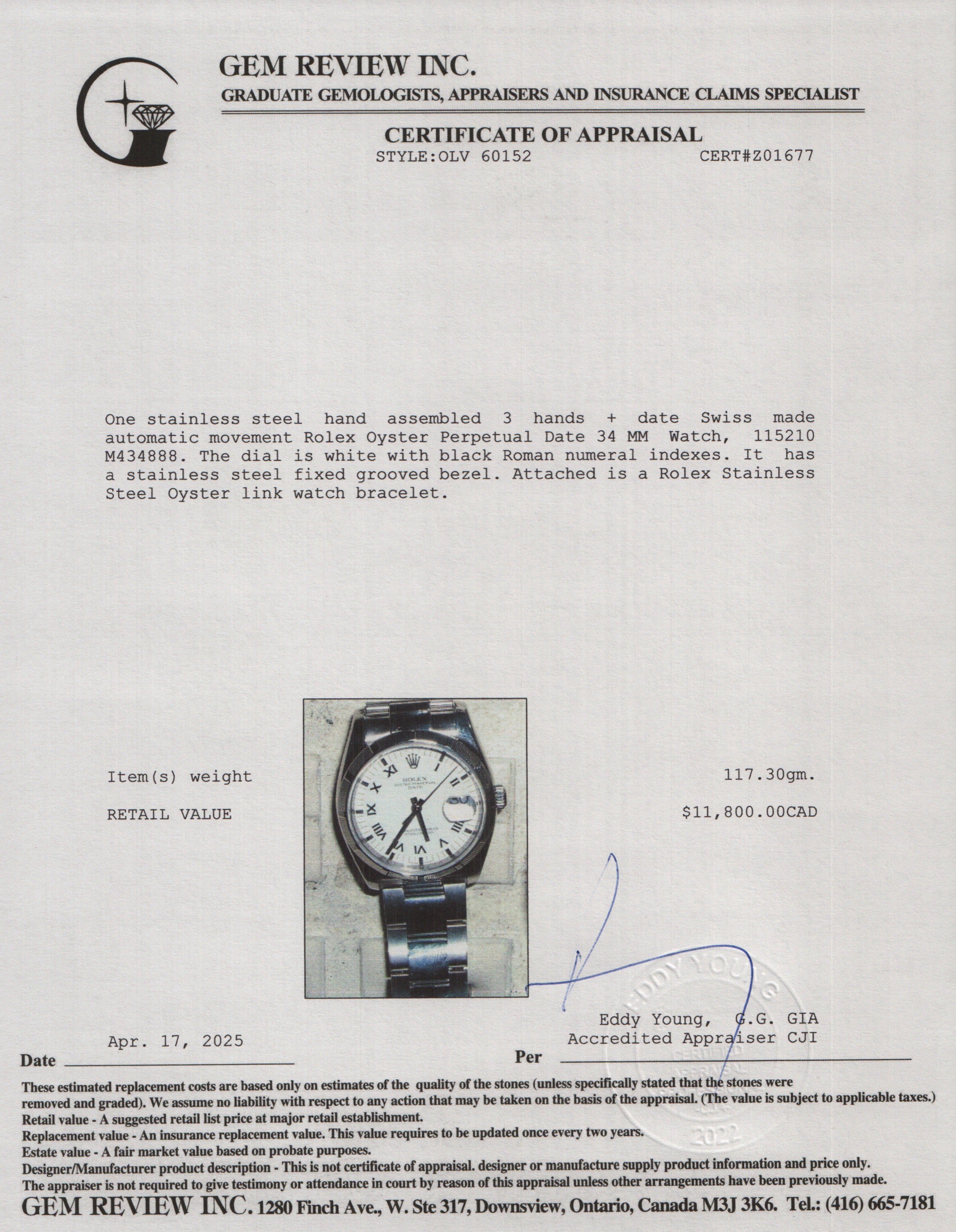 Rolex Stainless Steel Oyster Perpetual Date 34 MM Watch White Dial 115210 w/ Box & Papers