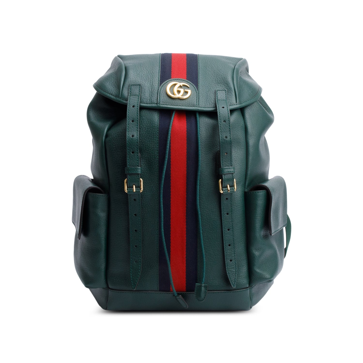 Gucci Green Calfskin Leather Web Double Buckle Ophidia Medium Backpack