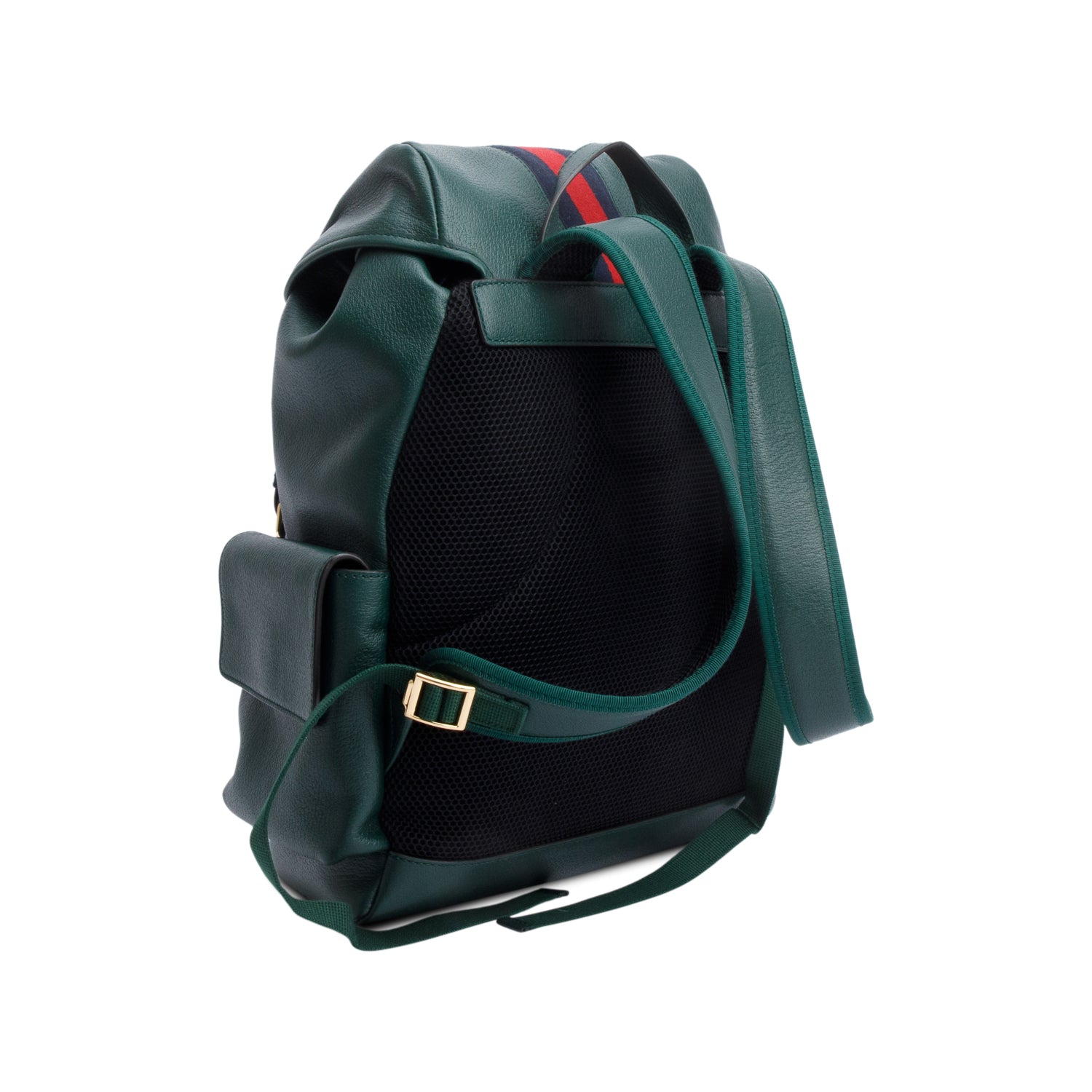 Gucci Green Calfskin Leather Web Double Buckle Ophidia Medium Backpack