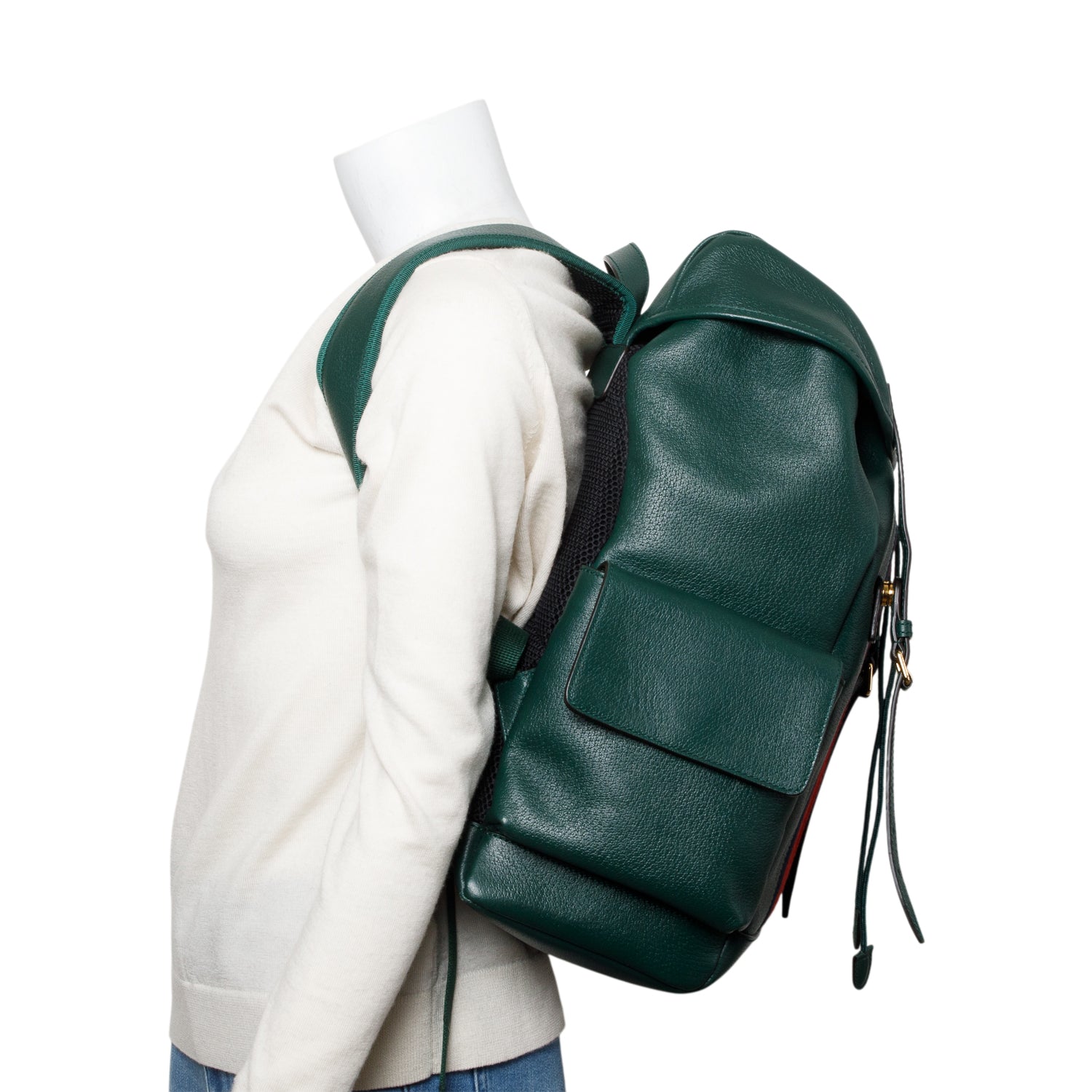 Gucci Green Calfskin Leather Web Double Buckle Ophidia Medium Backpack