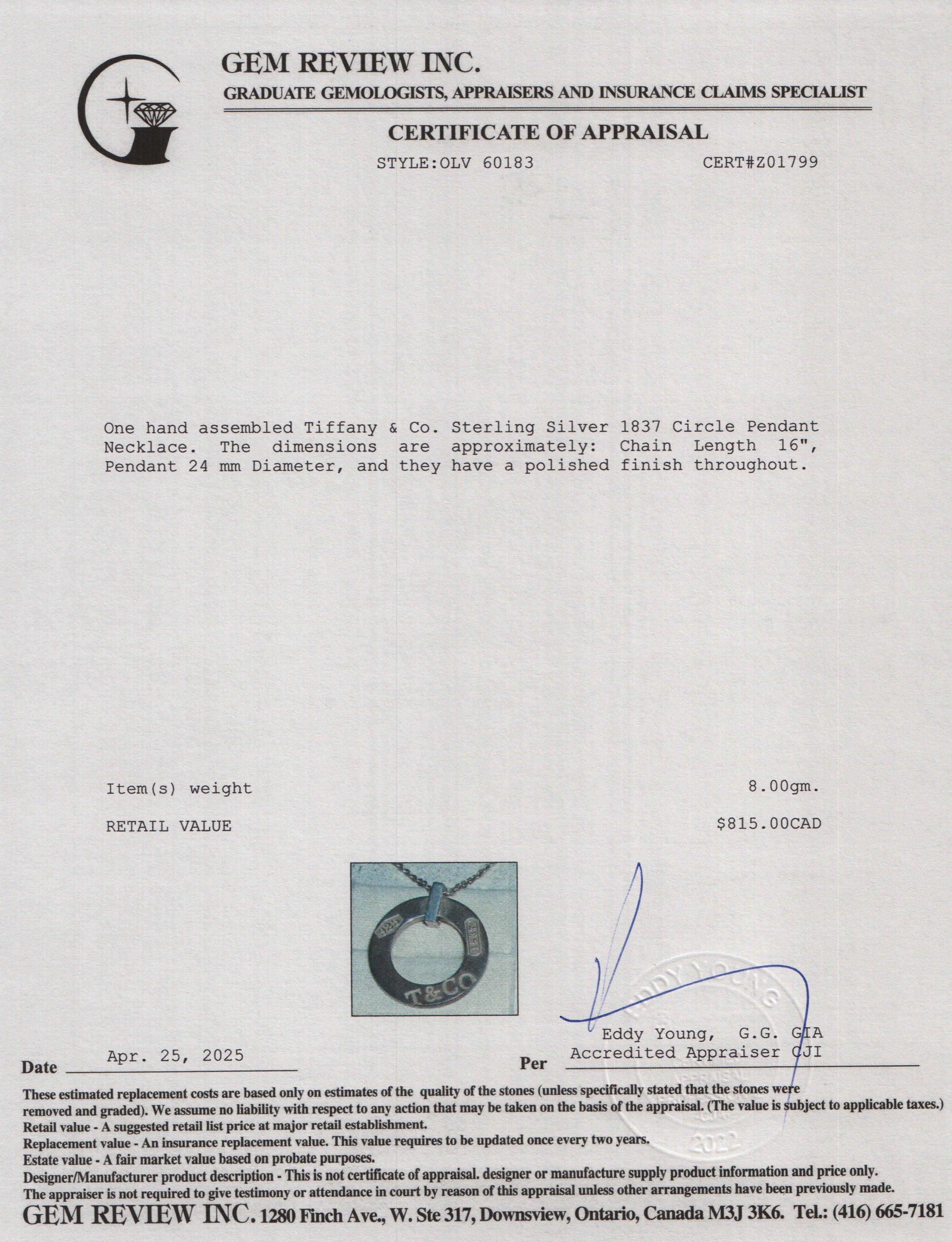 Tiffany & Co. Sterling Silver 1837 Circle Pendant Necklace