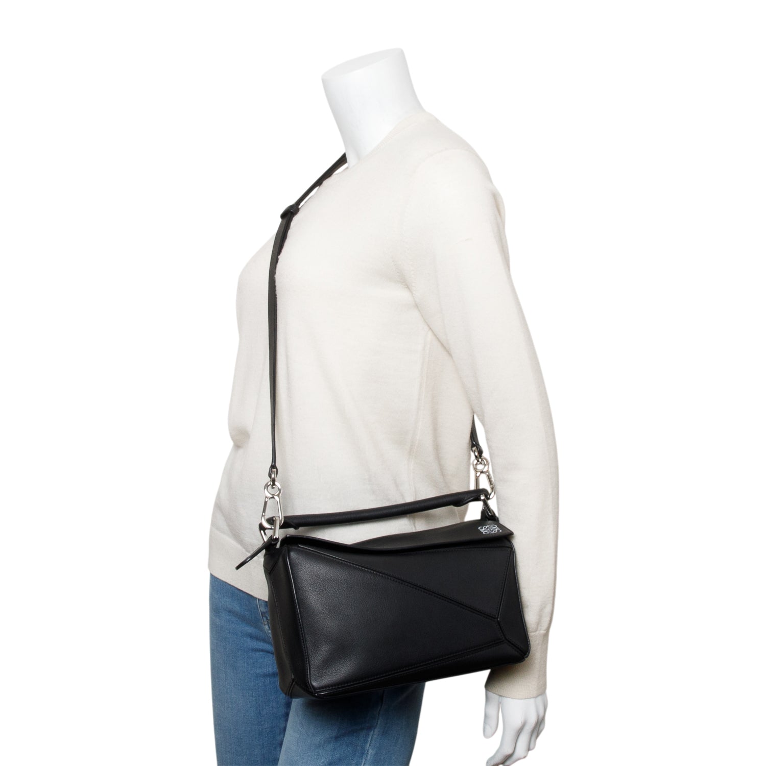 Loewe Black Calfskin Leather Small Puzzle Edge Bag w/ Strap