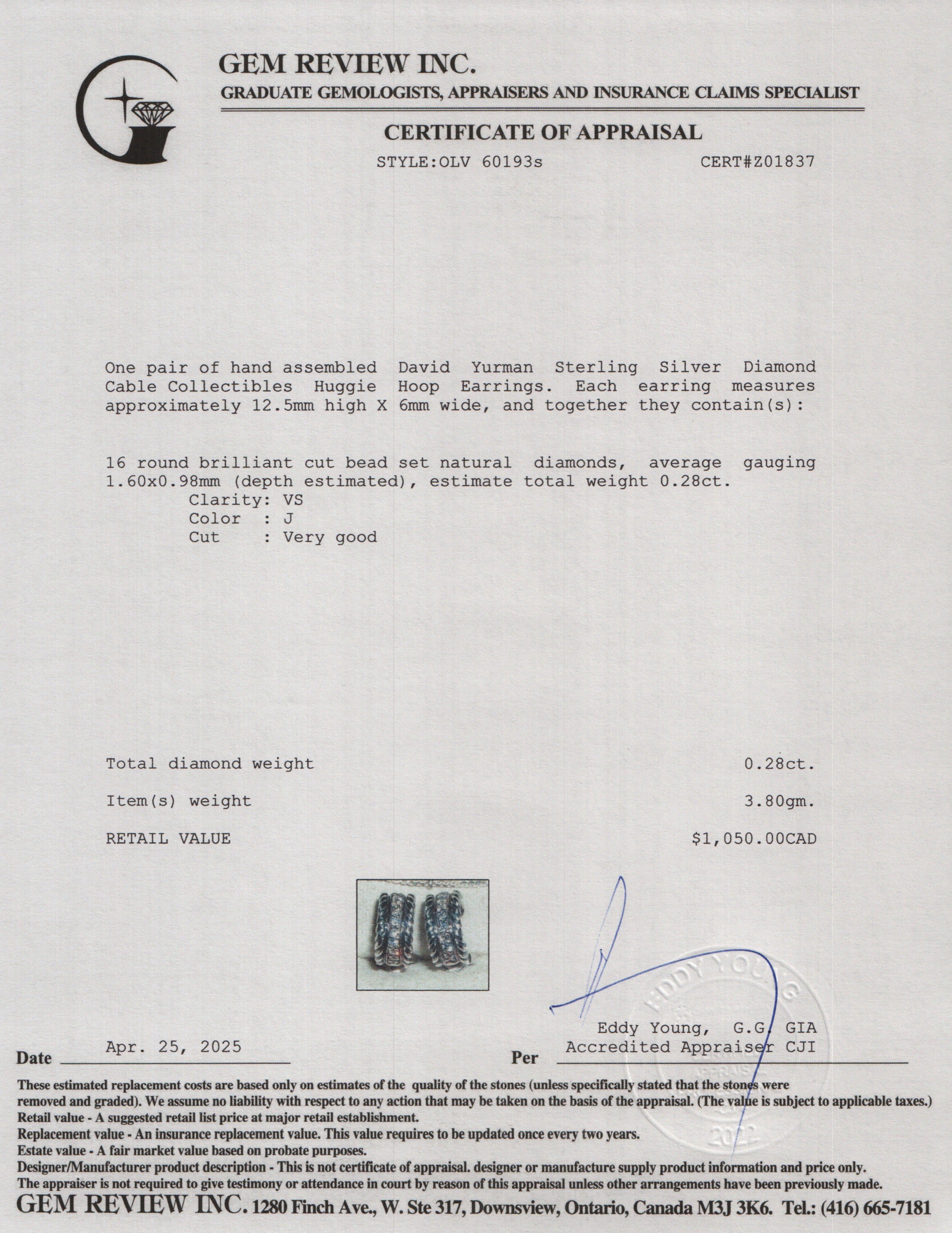 David Yurman Sterling Silver Diamond Cable Collectibles Huggie Hoop Earrings