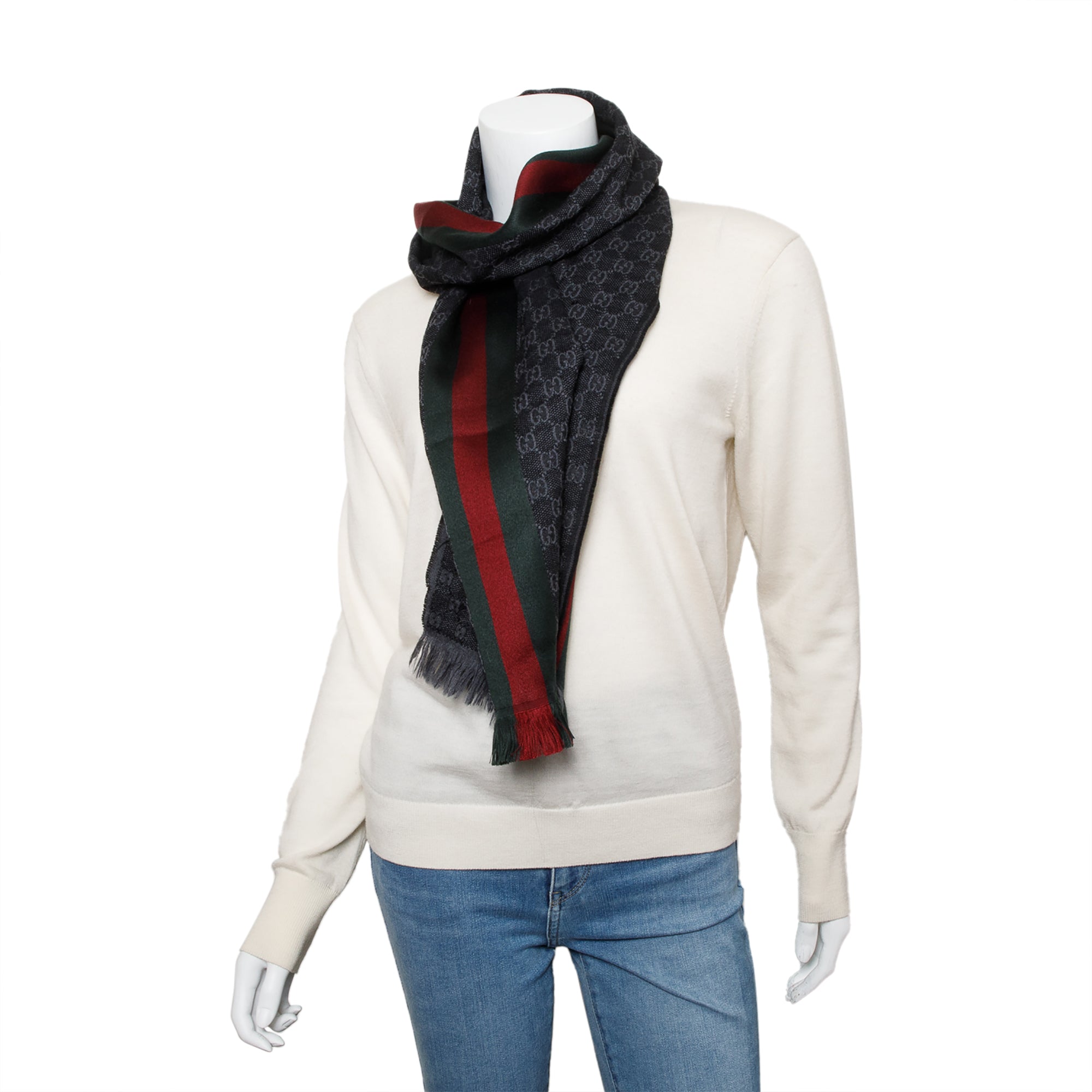 Gucci Black/Grey GG Jacquard Web Wool Silk Scarf