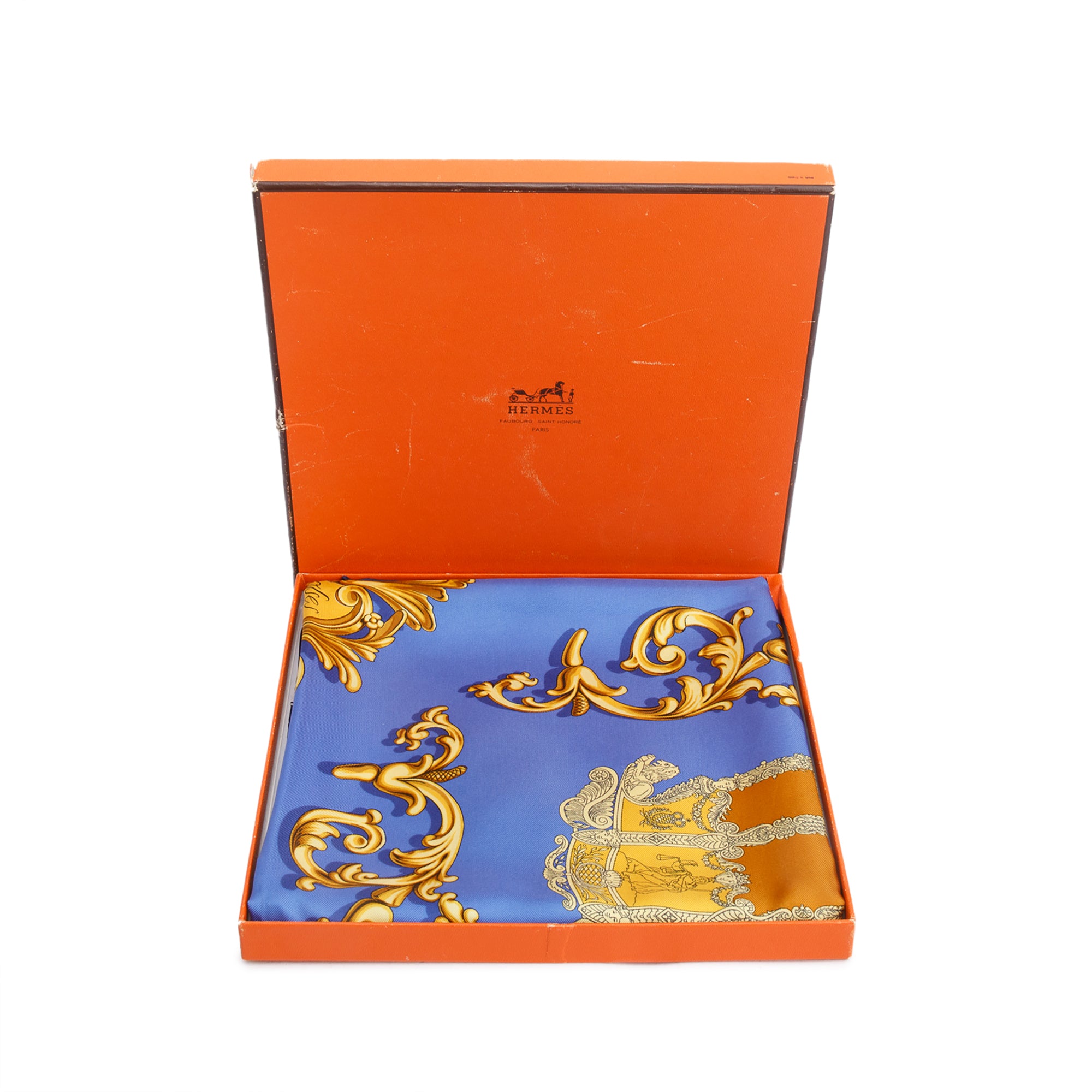 Hermes Blue Multicolor 'Carrolses d'Or' Silk Scarf 90 w/ Box