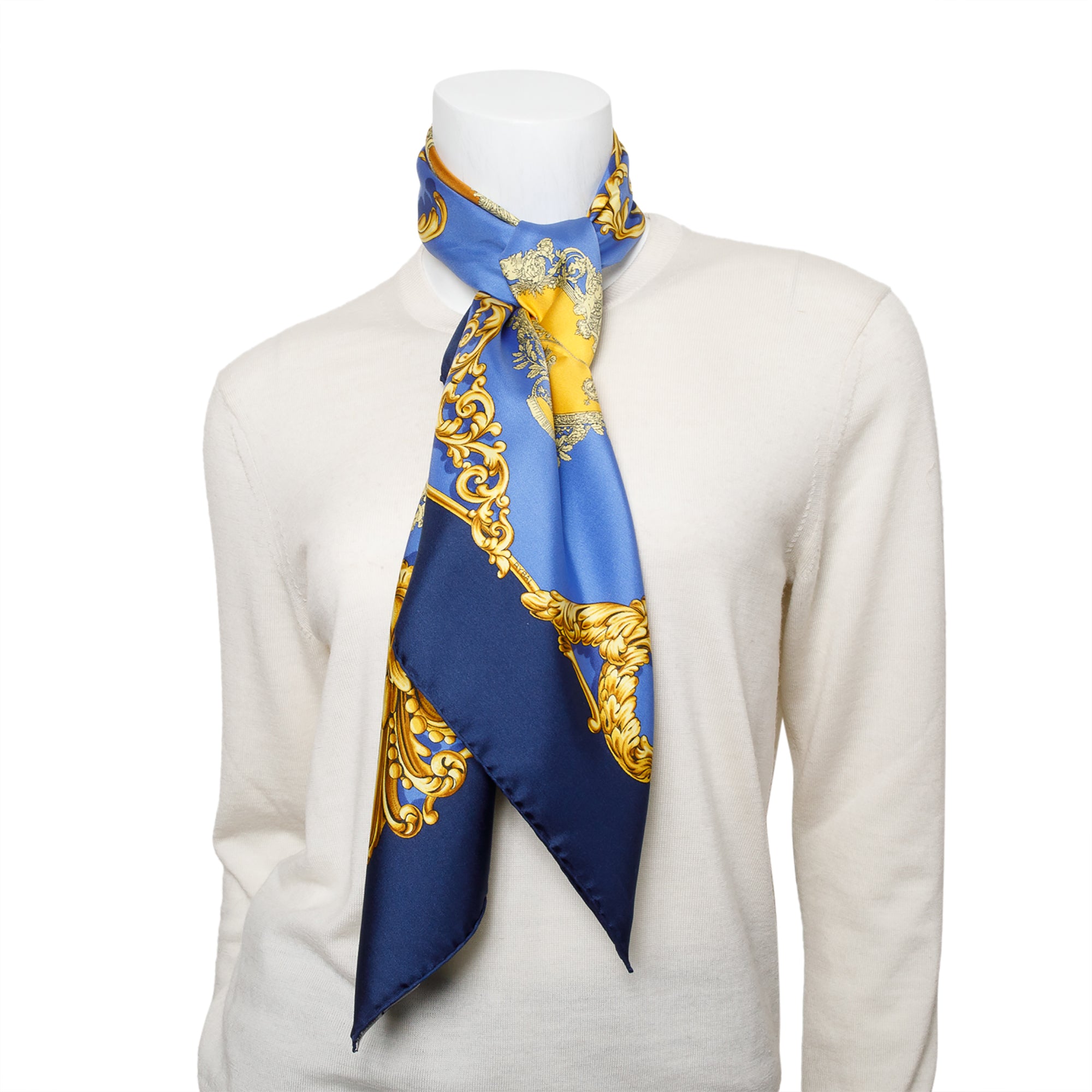 Hermes Blue Multicolor 'Carrolses d'Or' Silk Scarf 90 w/ Box