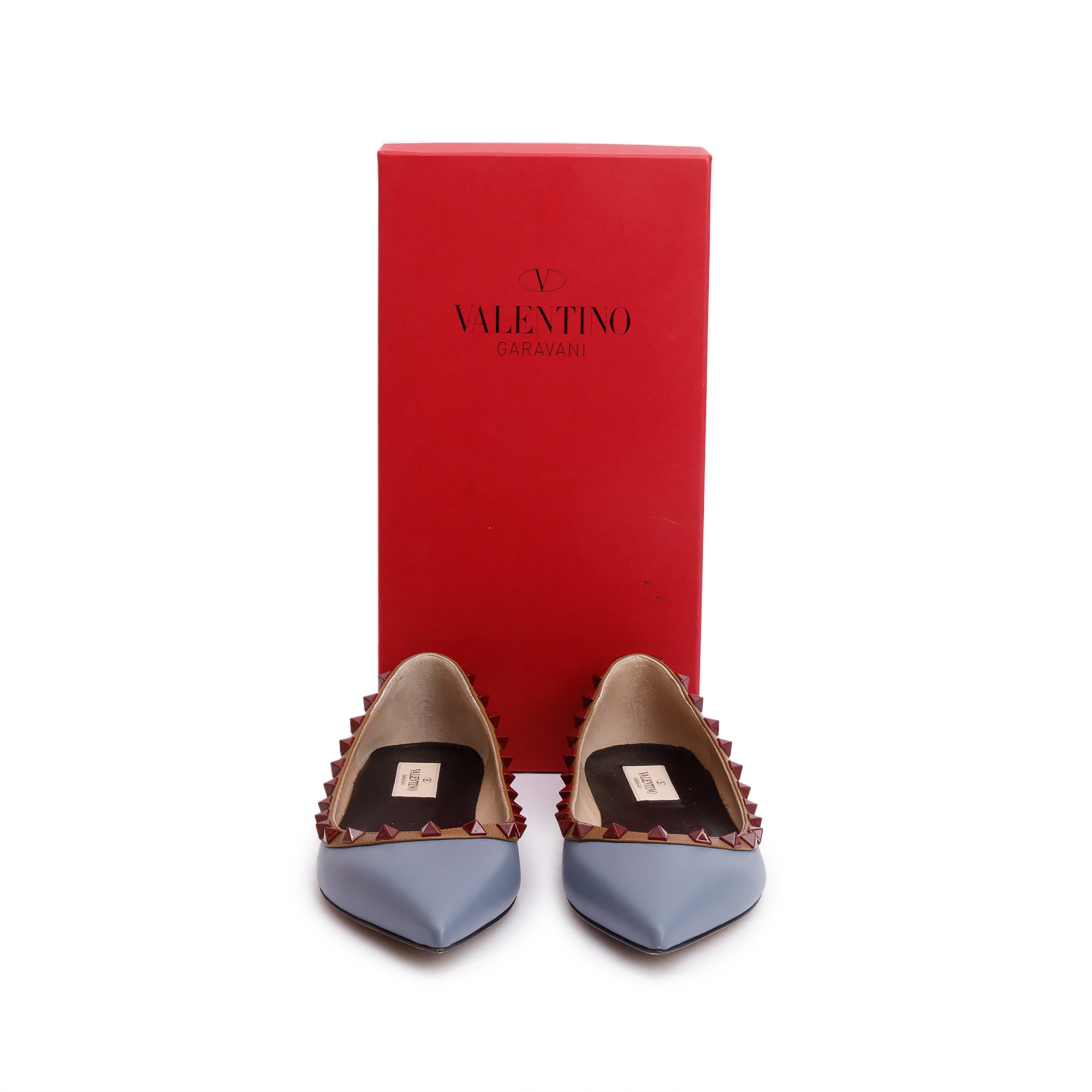 Valentino Blue/Beige Leather Rockstud Ballet Flats, Size 8 w/ Box