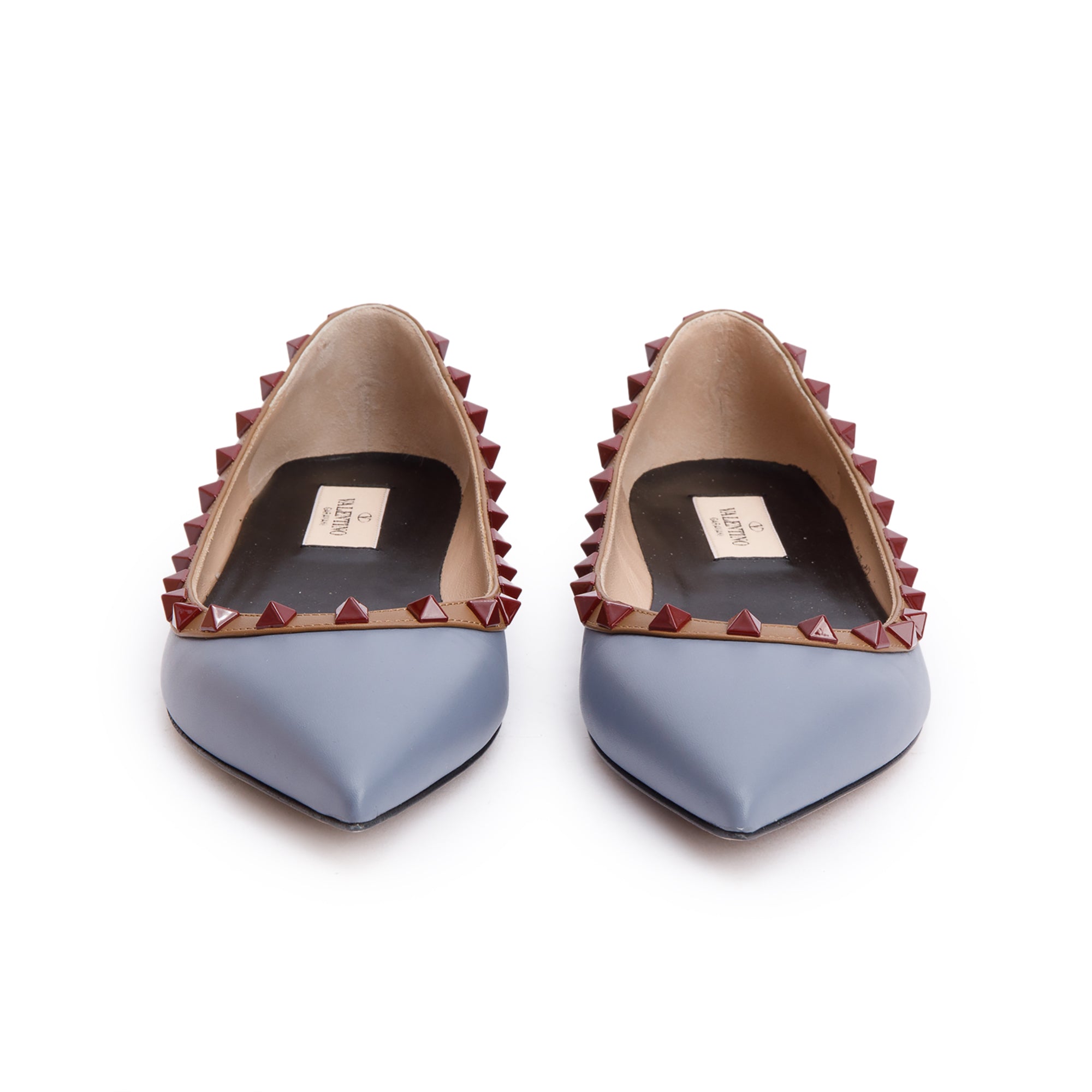 Valentino Blue/Beige Leather Rockstud Ballet Flats, Size 8 w/ Box