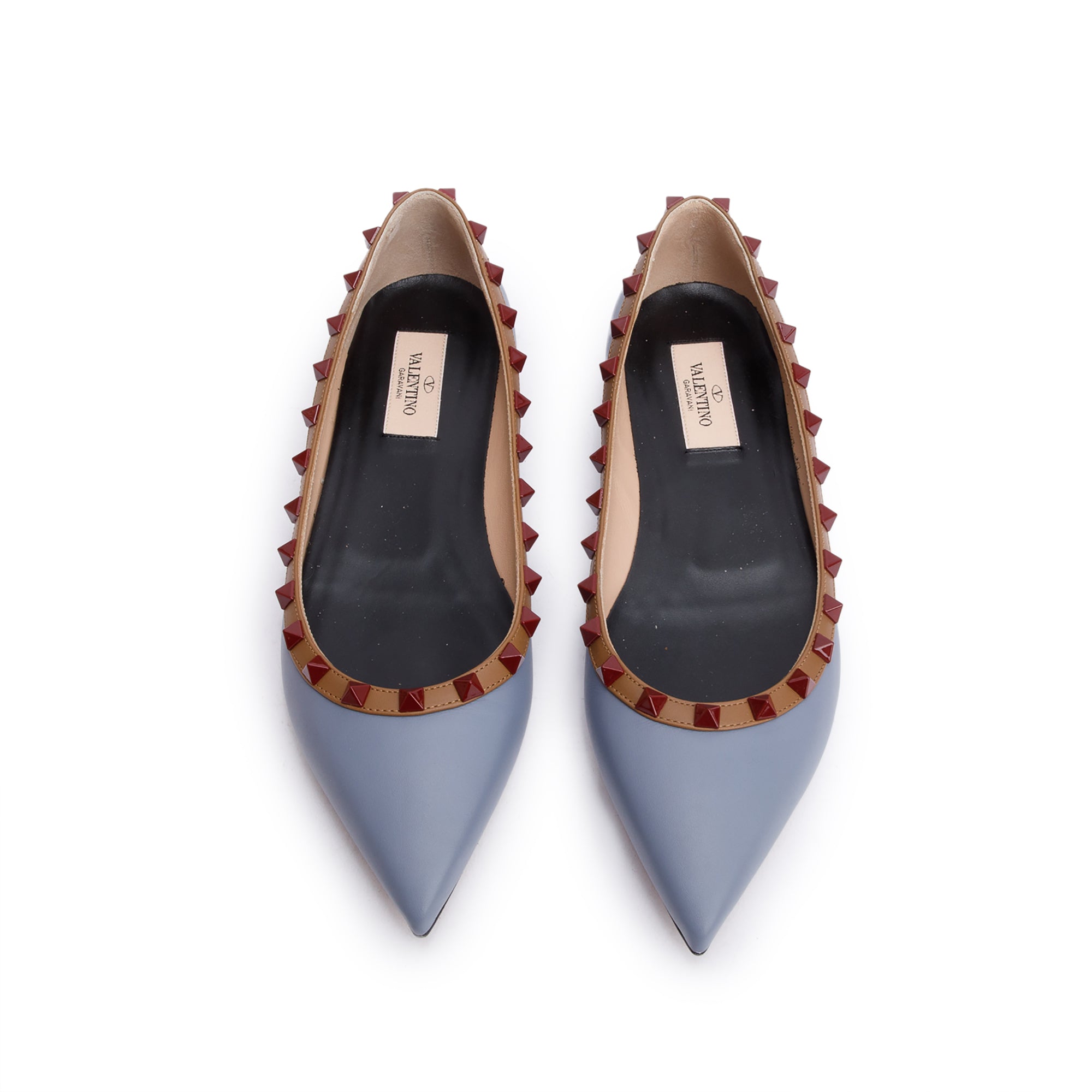 Valentino Blue/Beige Leather Rockstud Ballet Flats, Size 8 w/ Box