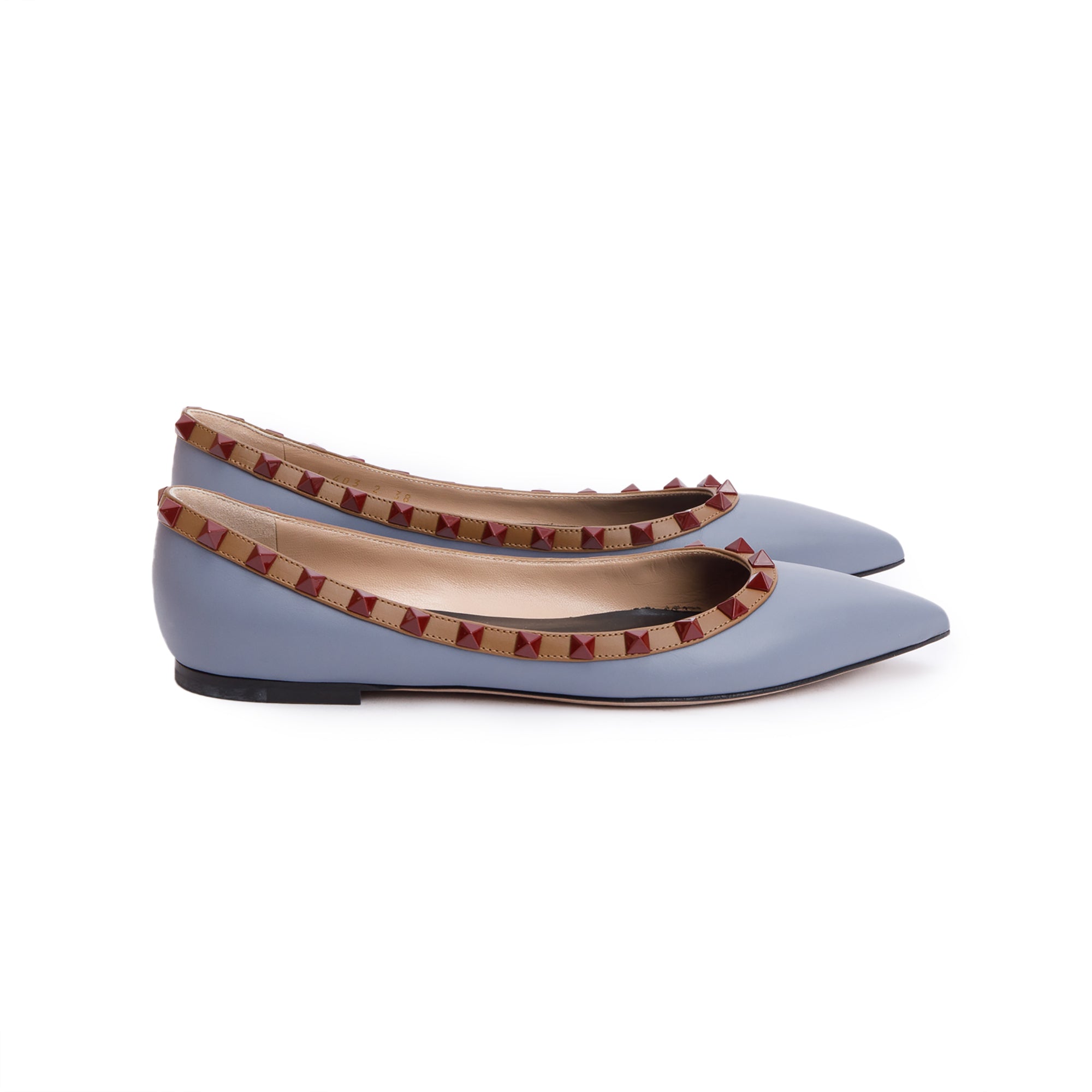 Valentino Blue/Beige Leather Rockstud Ballet Flats, Size 8 w/ Box