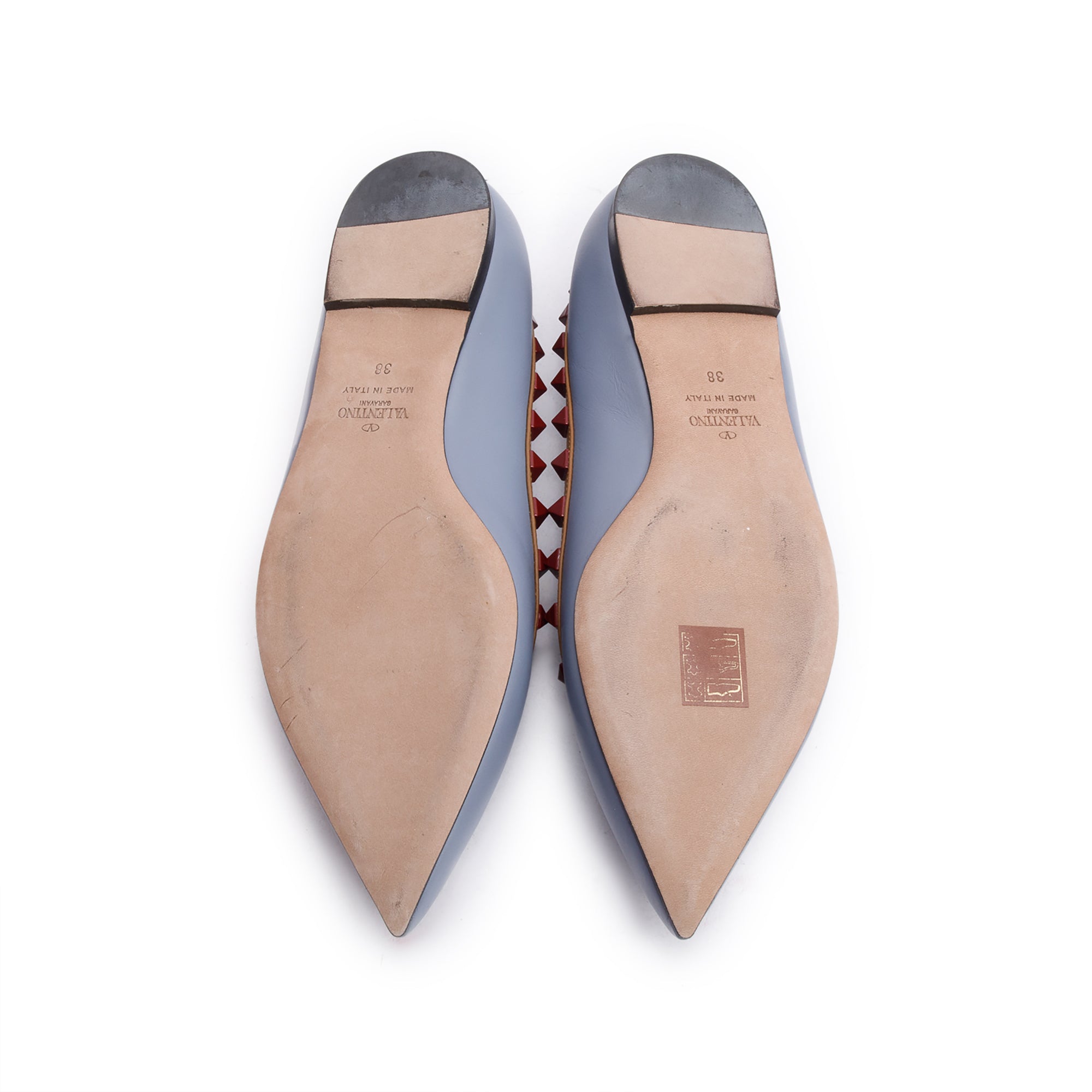 Valentino Blue/Beige Leather Rockstud Ballet Flats, Size 8 w/ Box