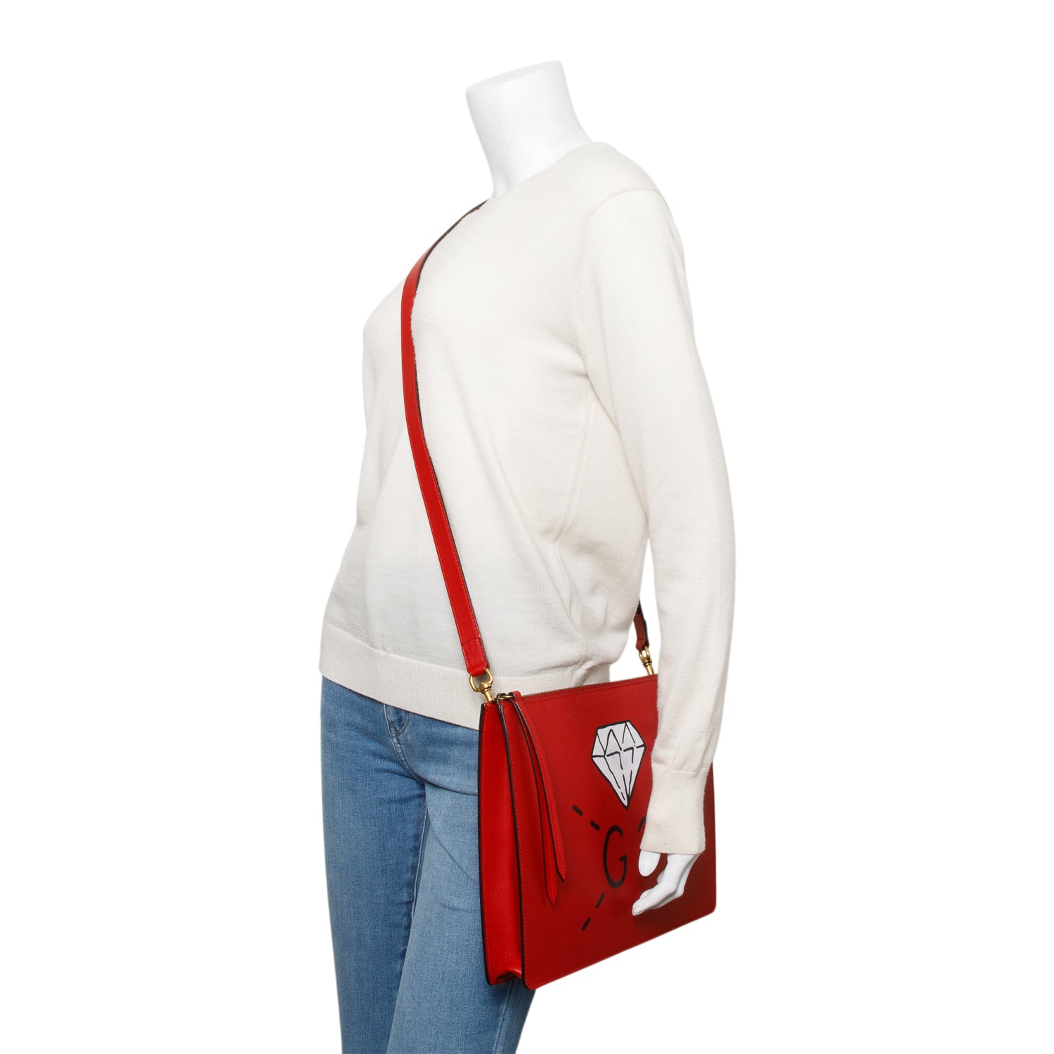 Gucci Red Calfskin Leather Ghost GG Diamond Messenger Bag w/ Strap