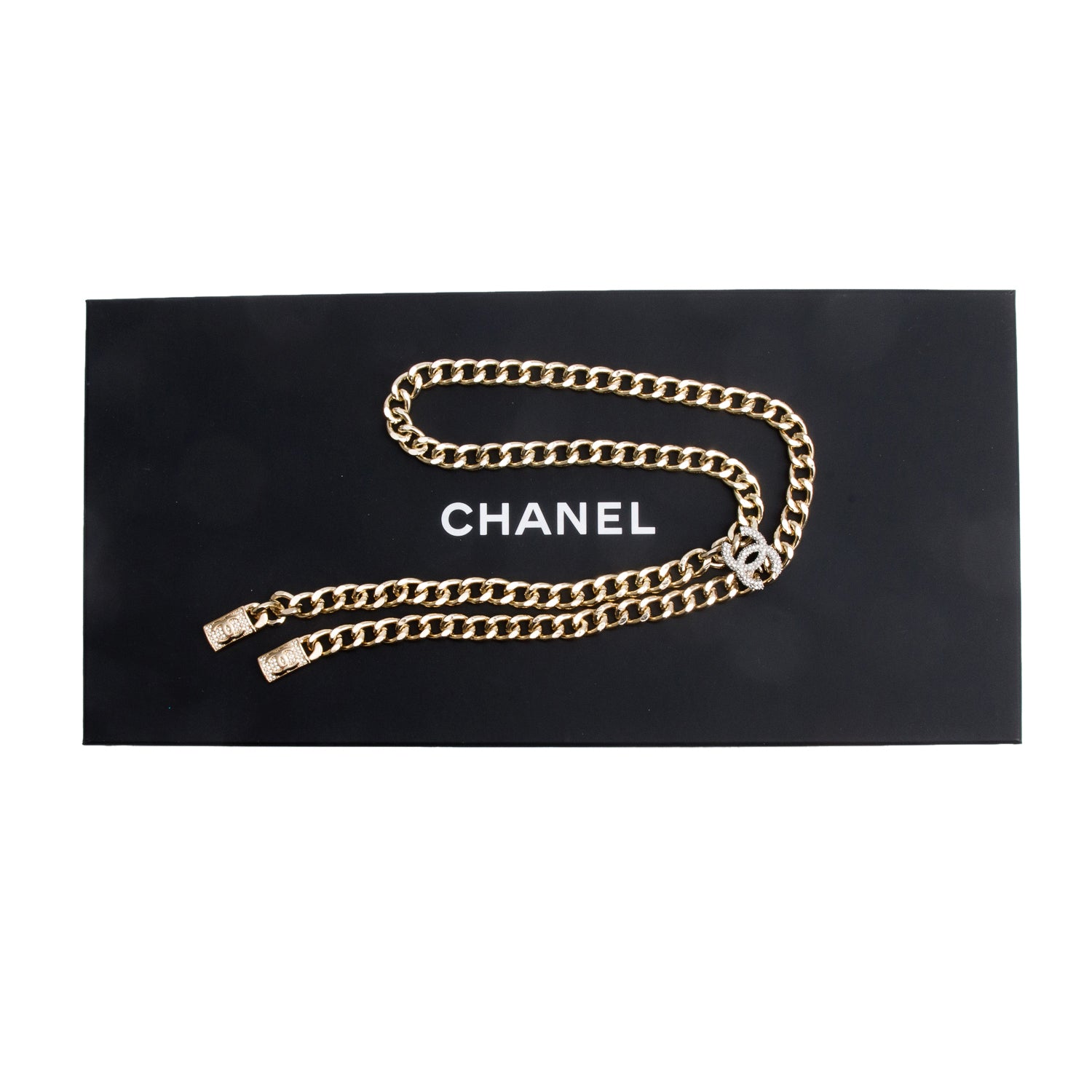 Chanel Gold Plated Strass CC Lariat Necklace w/ Box