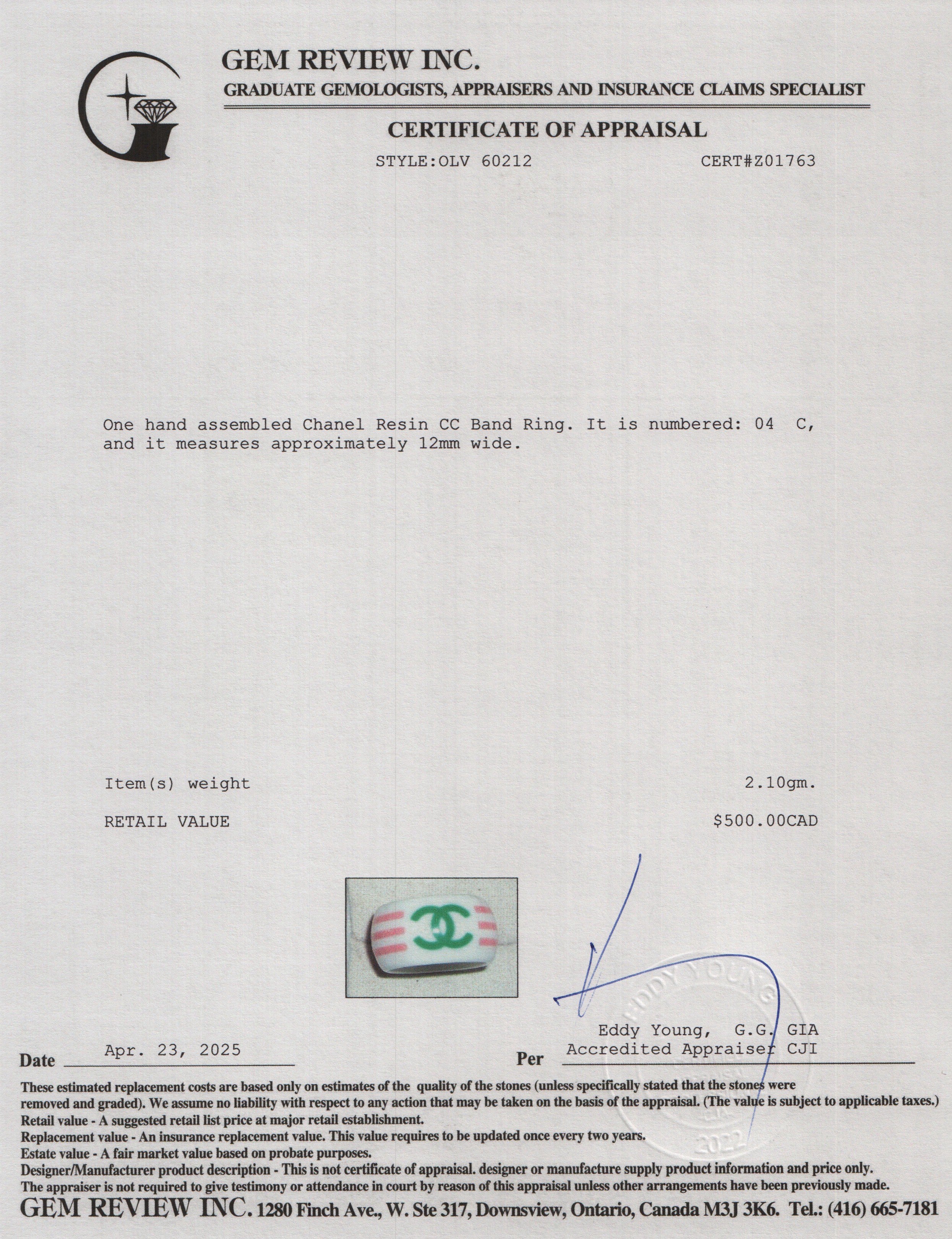 Chanel Resin CC Band Ring, Size 6.5