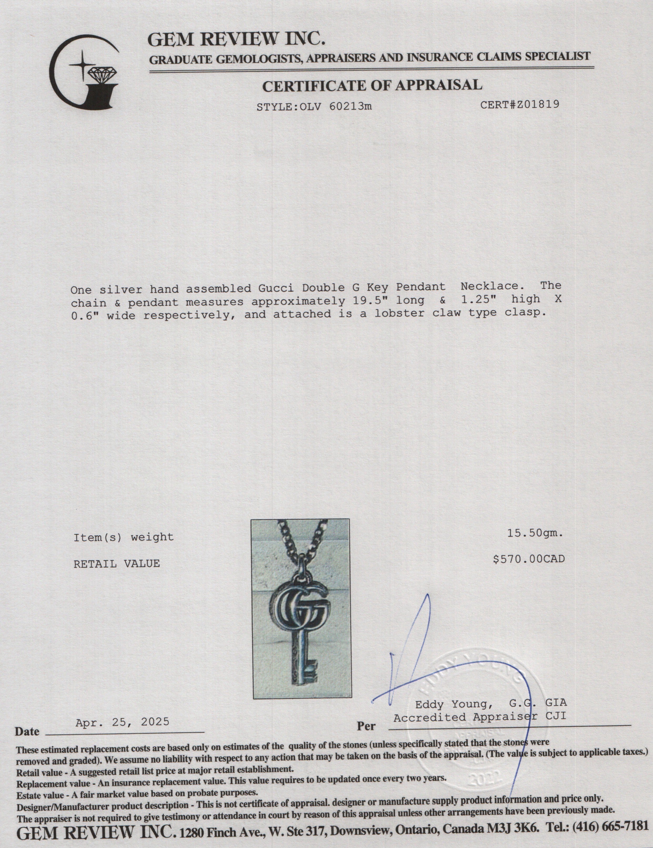 Gucci Sterling Silver GG Marmont Key Charm Necklace