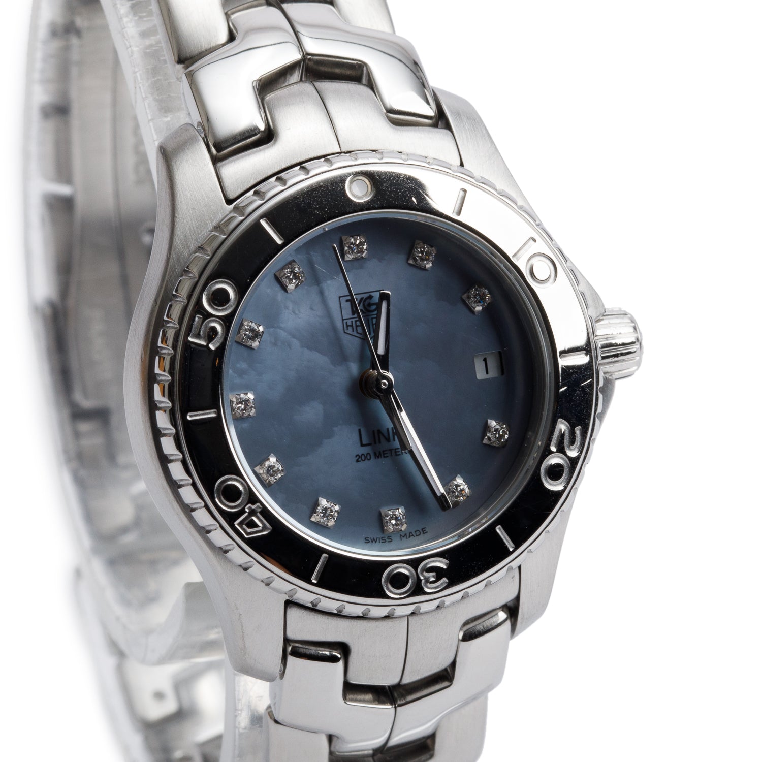 Tag Heuer Stainless Steel Link 27 MM Quartz Watch Blue Mother of Pearl Diamond Dial WJ1317-0 w/ Box & Papers
