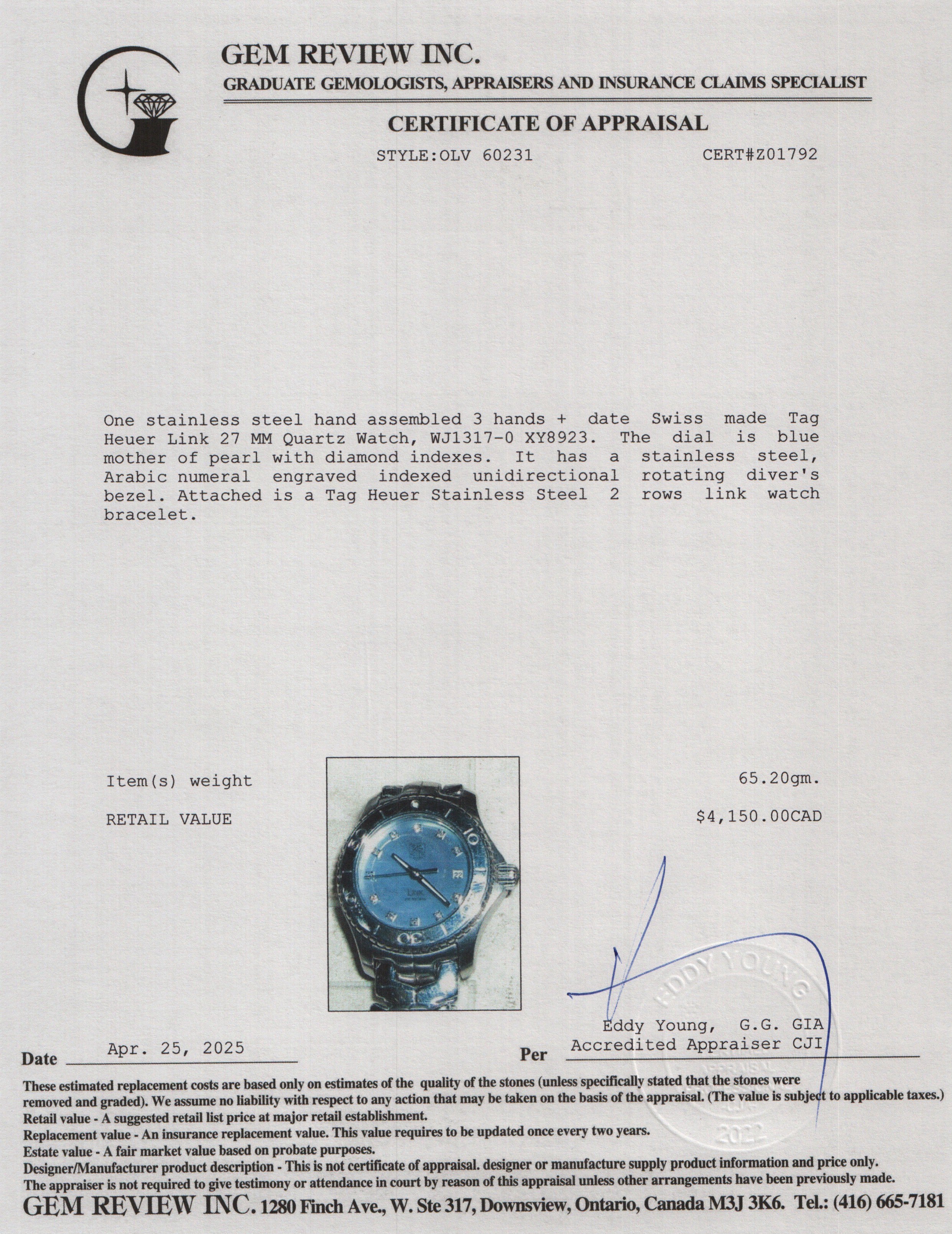 Tag Heuer Stainless Steel Link 27 MM Quartz Watch Blue Mother of Pearl Diamond Dial WJ1317-0 w/ Box & Papers