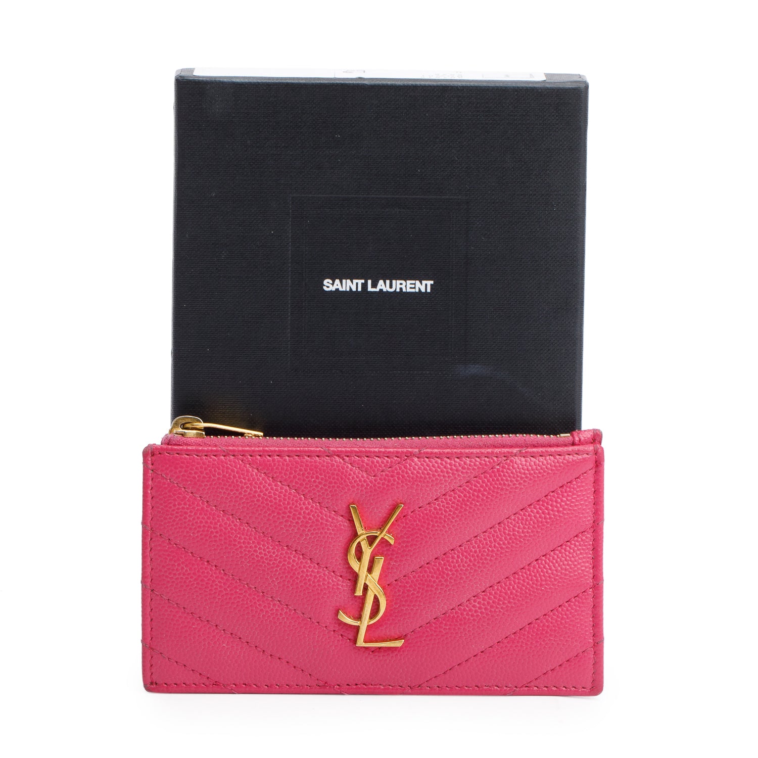 Saint Laurent 2022 Pink Grain De Poudre Leather Cassandre Matelasse Fragments Zipped Card Case w/ Box