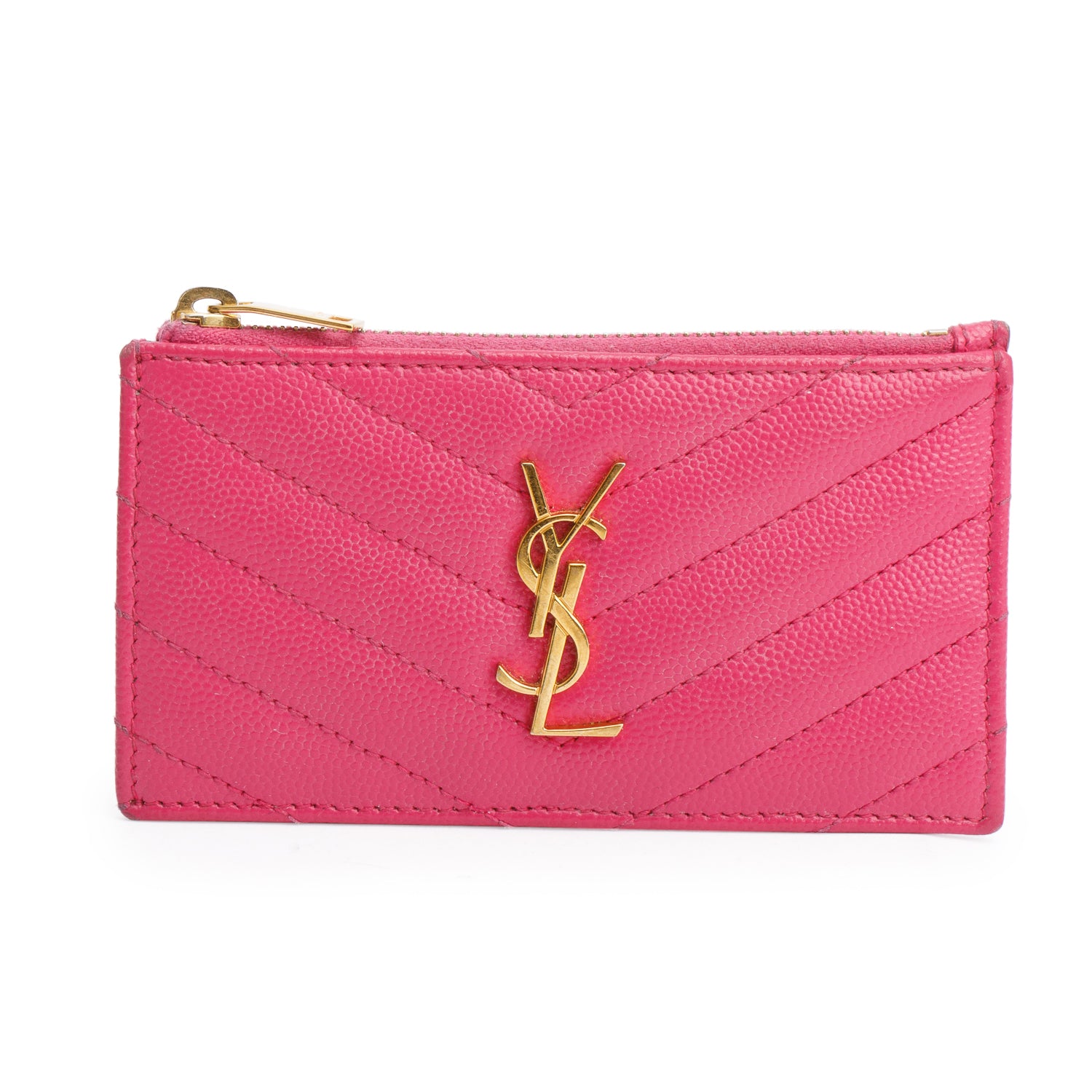 Saint Laurent 2022 Pink Grain De Poudre Leather Cassandre Matelasse Fragments Zipped Card Case w/ Box
