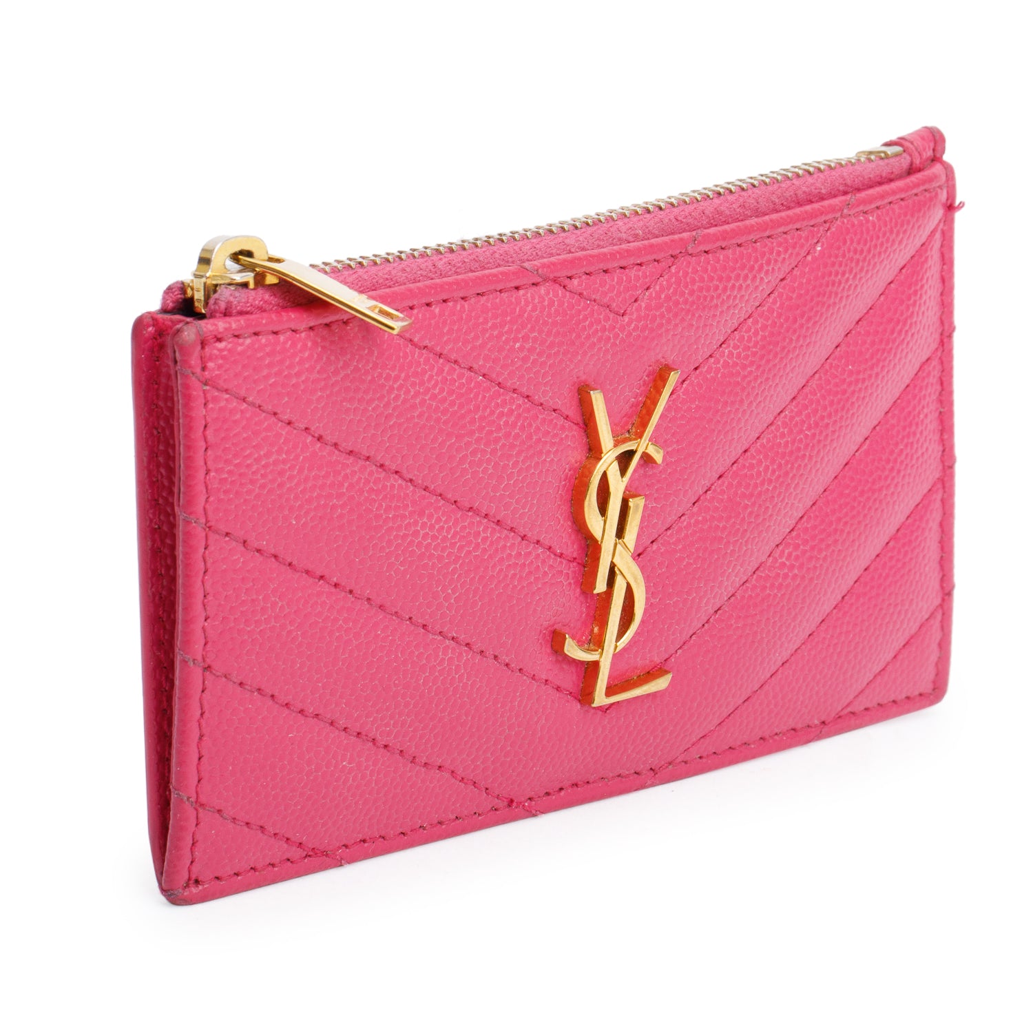 Saint Laurent 2022 Pink Grain De Poudre Leather Cassandre Matelasse Fragments Zipped Card Case w/ Box