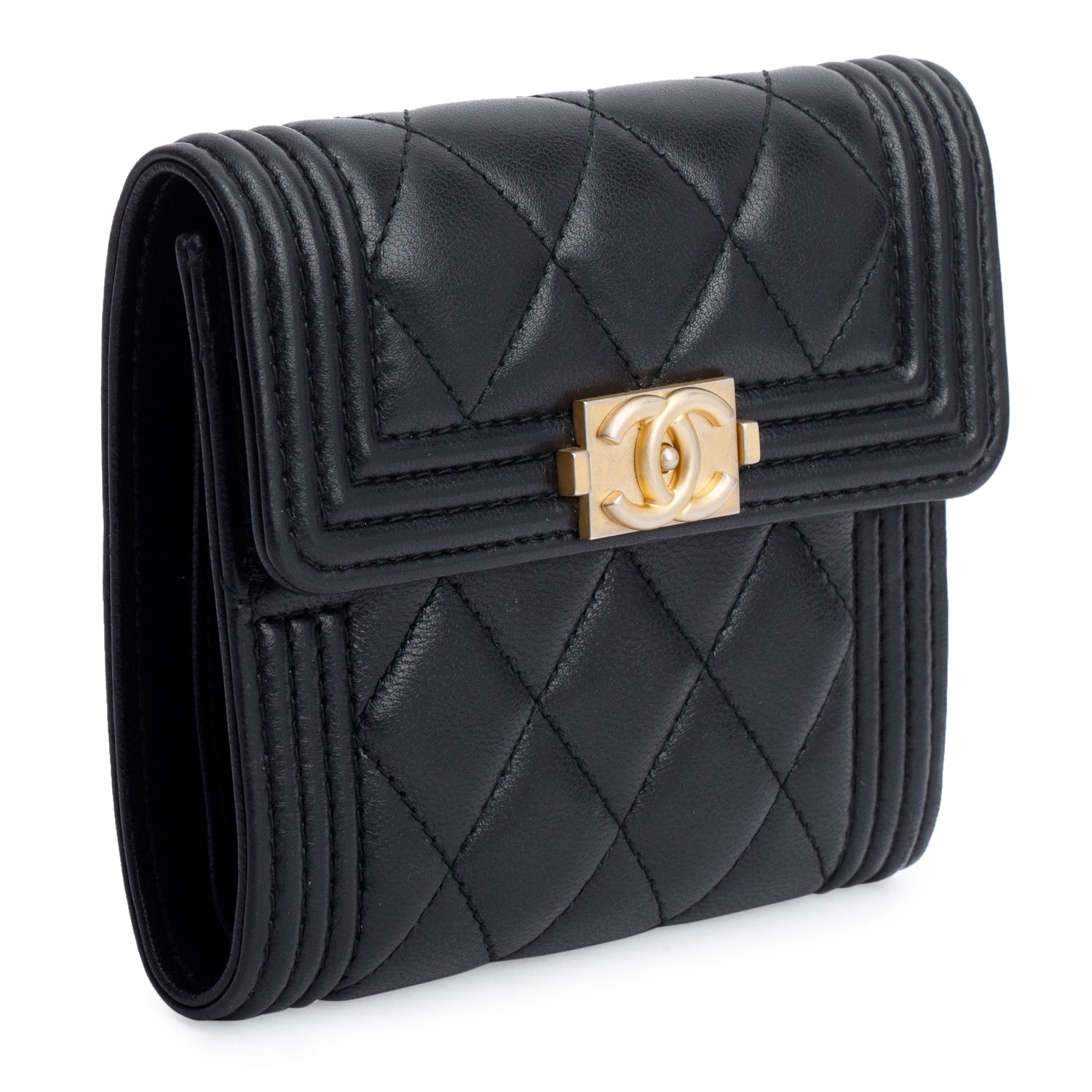 Chanel Black Quilted Lambskin Boy Flap Compact Wallet