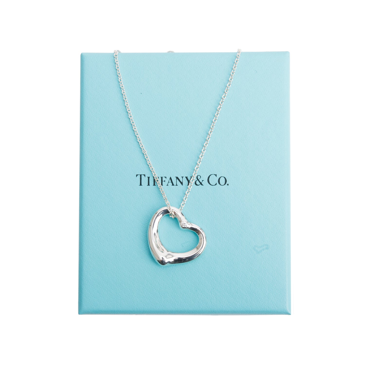 Tiffany & Co. Elsa Peretti Sterling Silver Diamond 22 MM Open Heart Pendant Necklace w/ Box