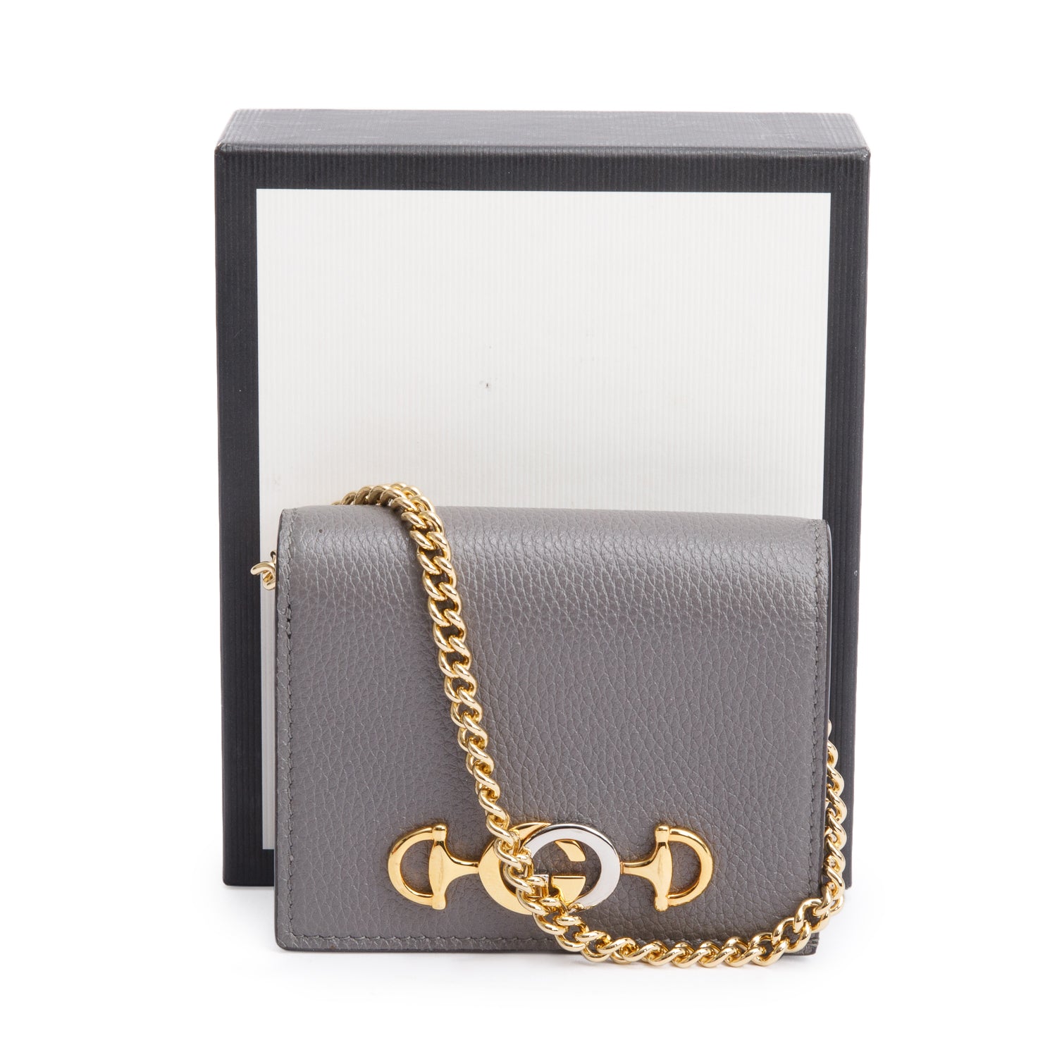 Gucci Grey Calfskin Leather Zumi Chain Card Case Wallet w/ Box