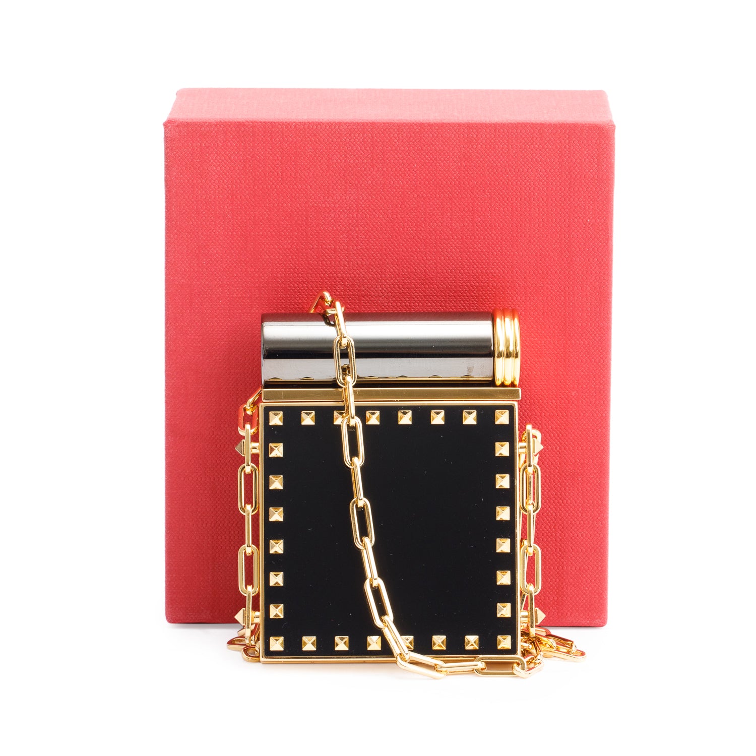 Valentino Gold-Tone Metal Black Acrylic Rockstud Lipstick & Mirror Minaudiere w/ Box