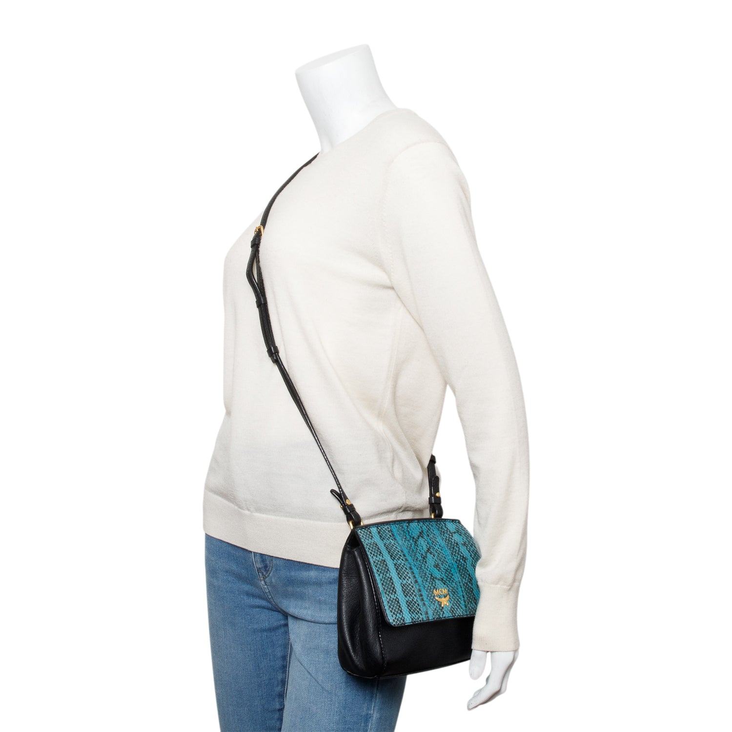 MCM Black Calf Leather Python Trim Flap Crossbody