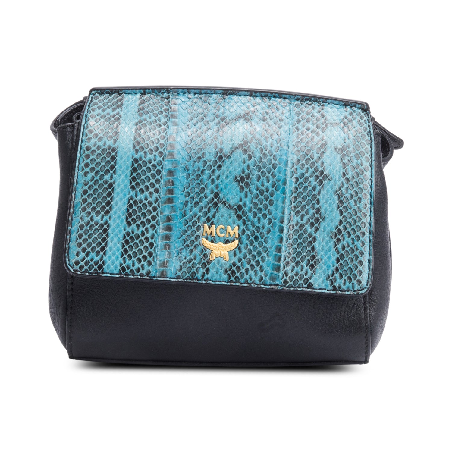 MCM Black Calf Leather Python Trim Flap Crossbody