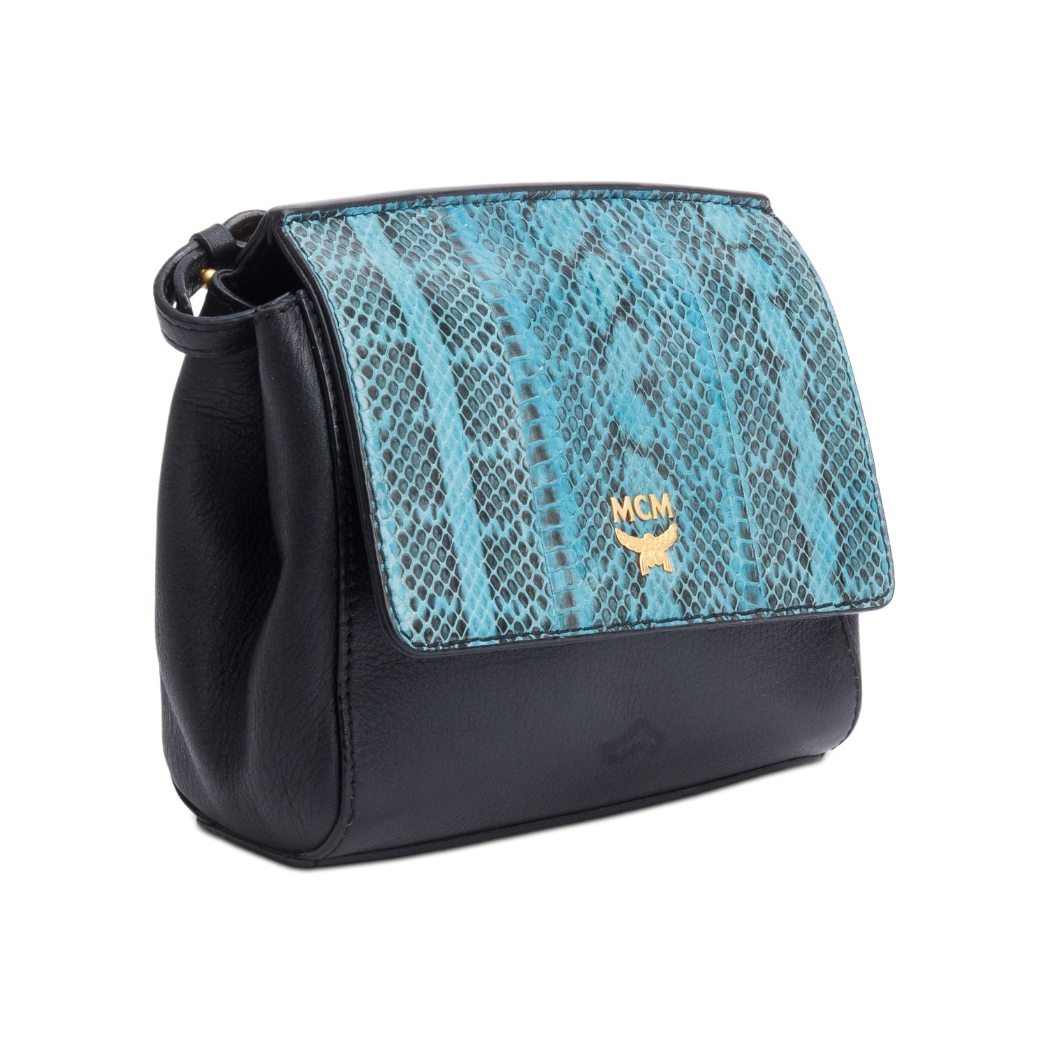 MCM Black Calf Leather Python Trim Flap Crossbody