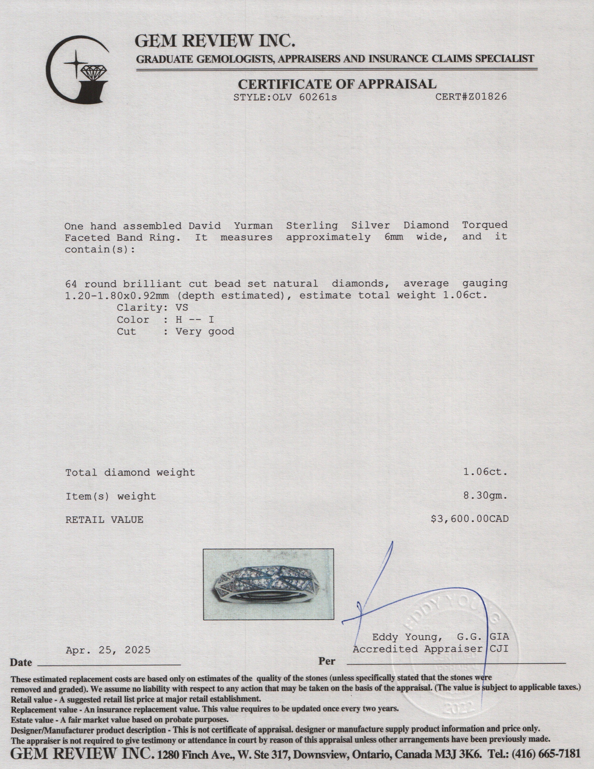 David Yurman Sterling Silver Diamond Torqued Faceted Band Ring, Size 8.5