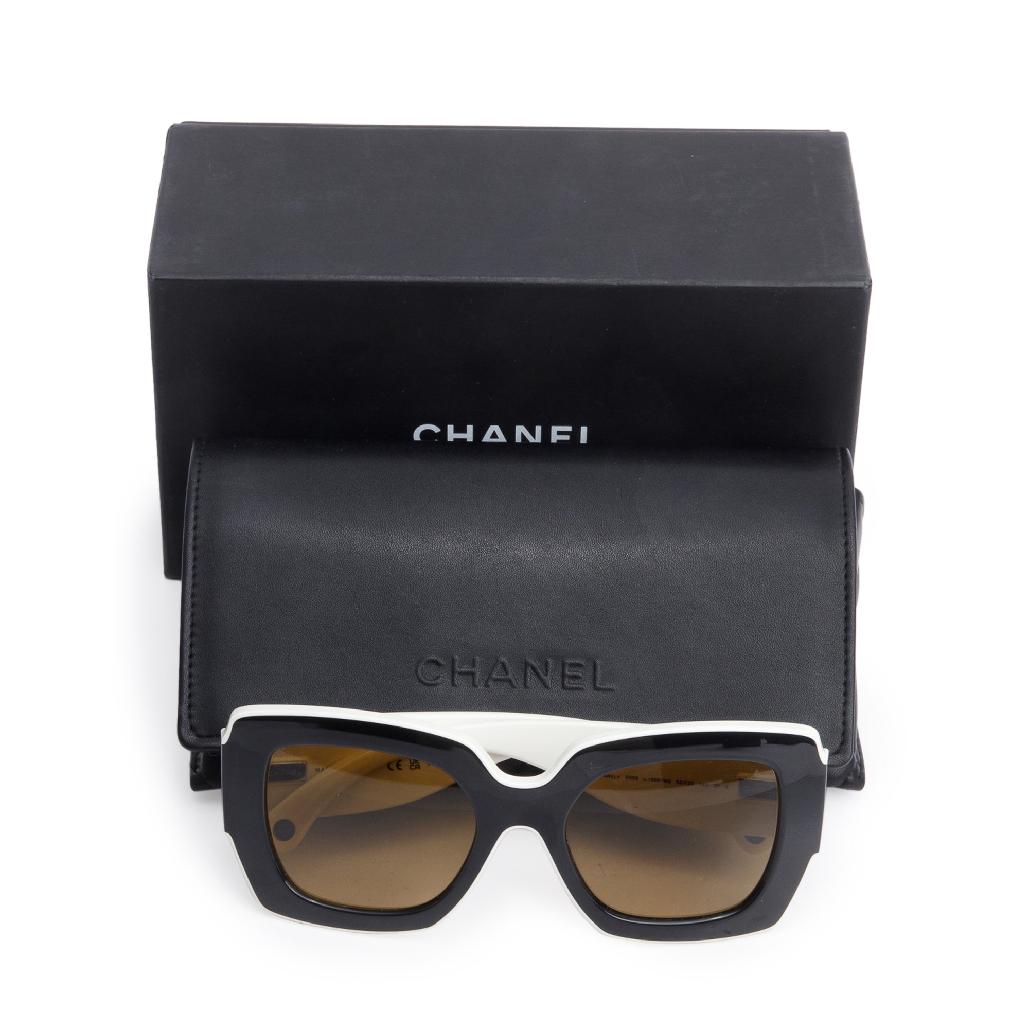 Chanel 6059 Black/White Acetate Polarized CC Logo Square Sunglasses w/ Box & Case