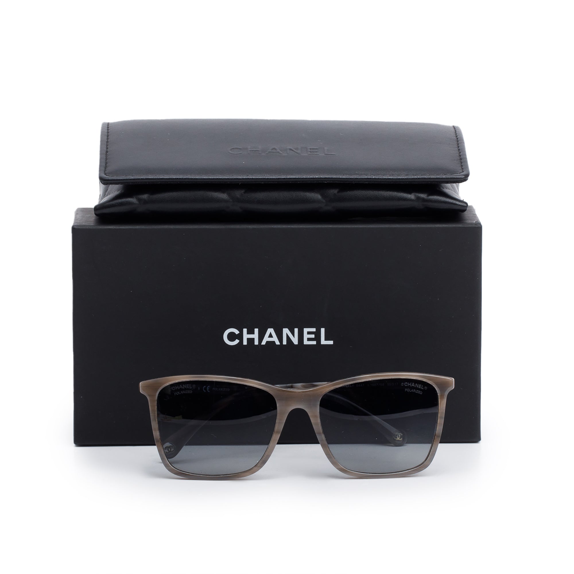 Chanel 5447 Grey Havana Acetate Logo Polarized Square Sunglasses w/ Box & Case