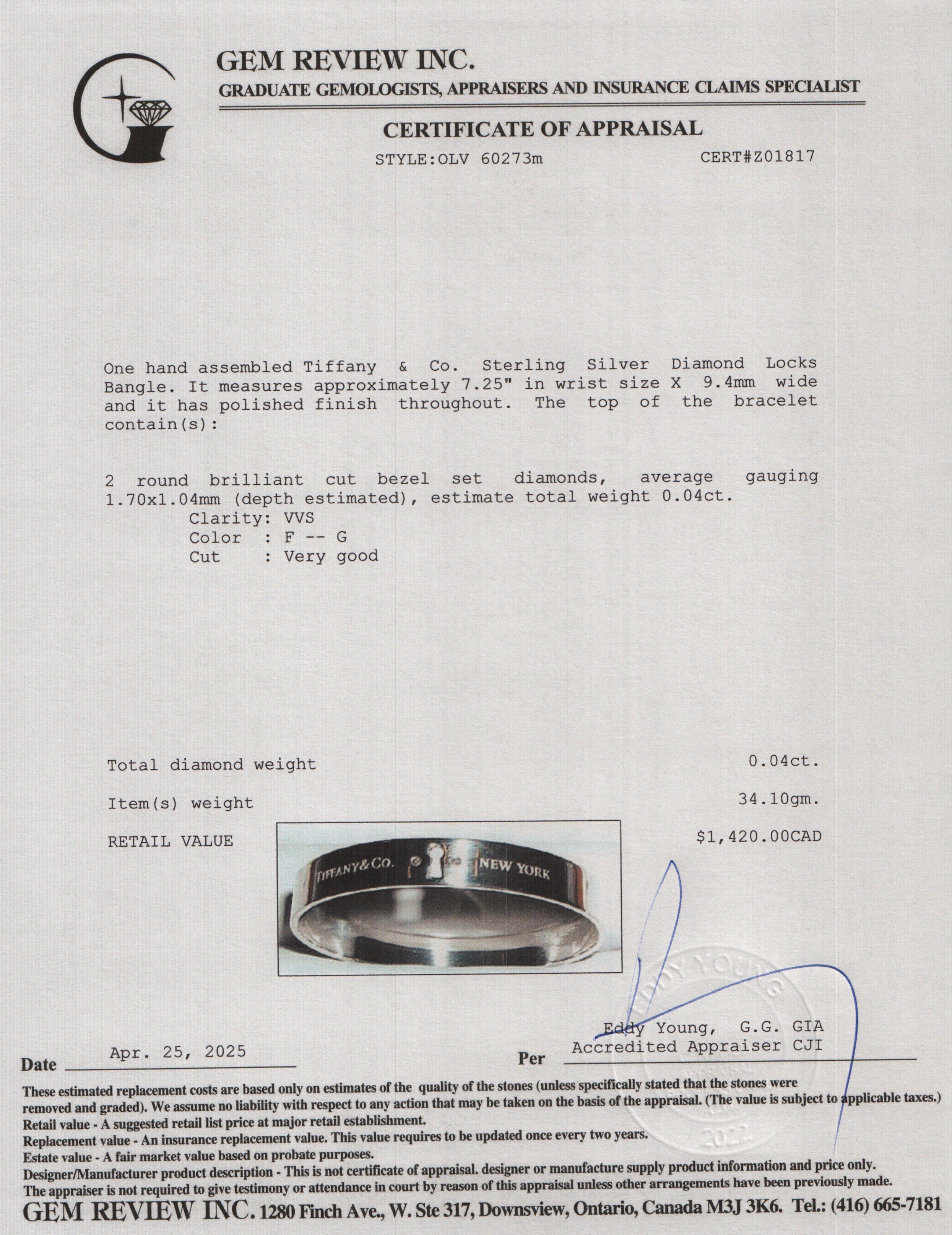 Tiffany & Co. Sterling Silver Diamond Locks Bangle w/ Box