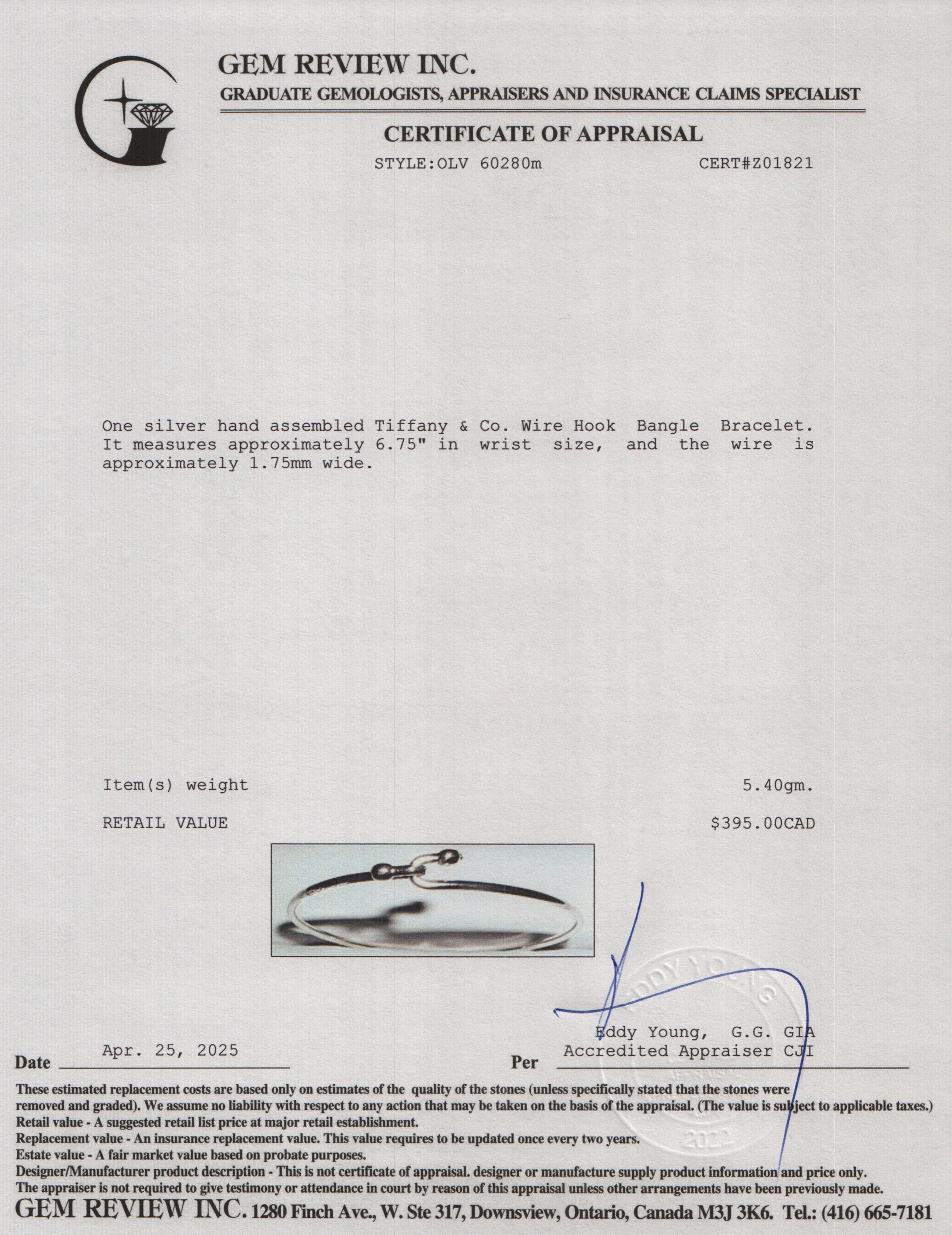 Tiffany & Co. Sterling Silver Wire Hook Bangle Bracelet