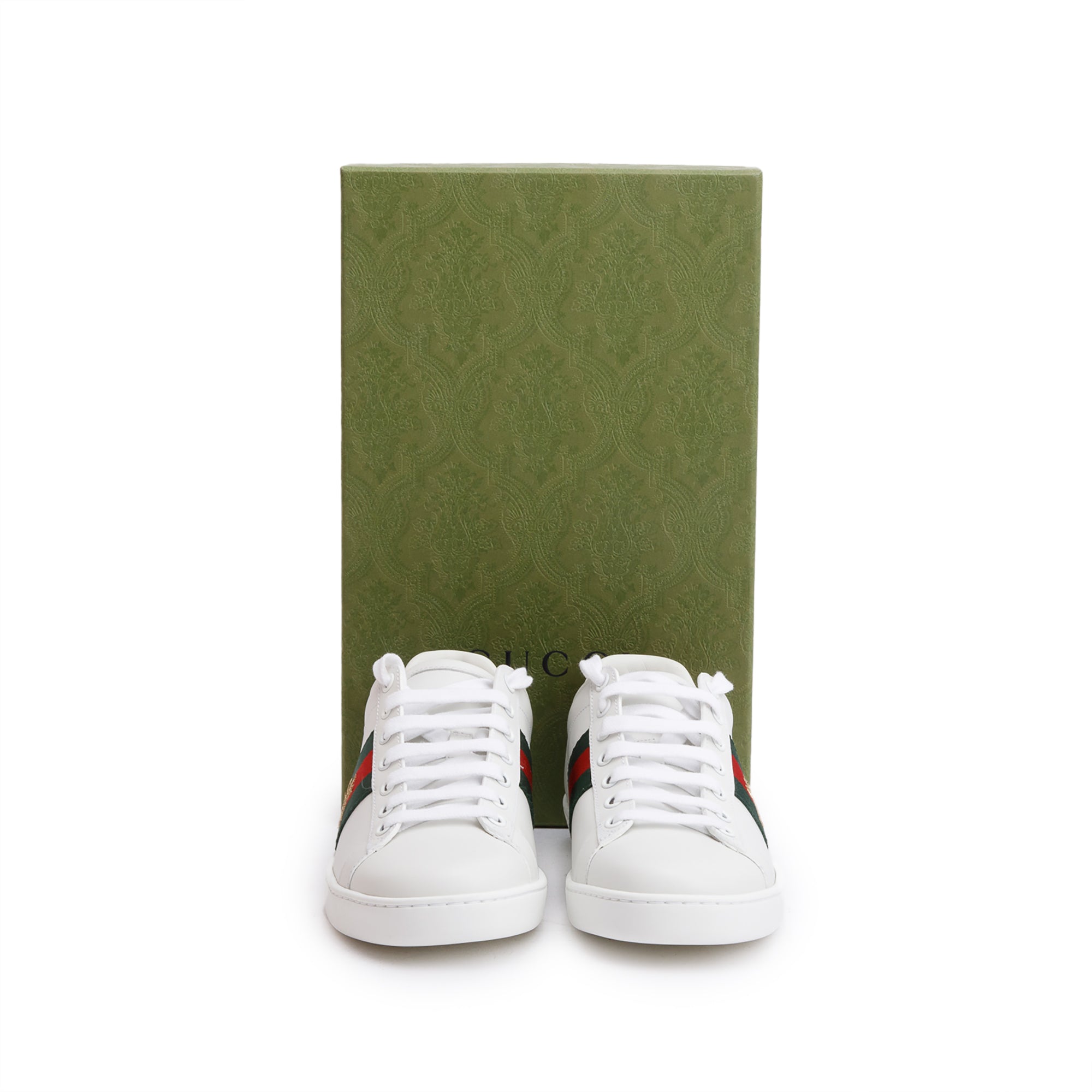 Gucci 2023 White Leather Embroidered Web Bee Ace Sneakers, Size 37 w/ Box